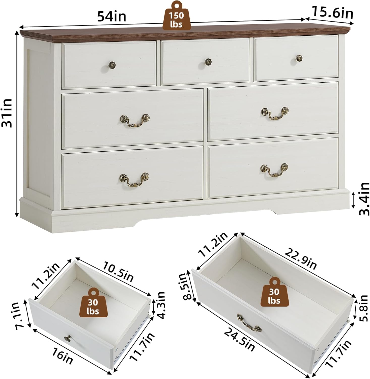 Farmhouse 7 Drawer Dresser for Bedroom,54