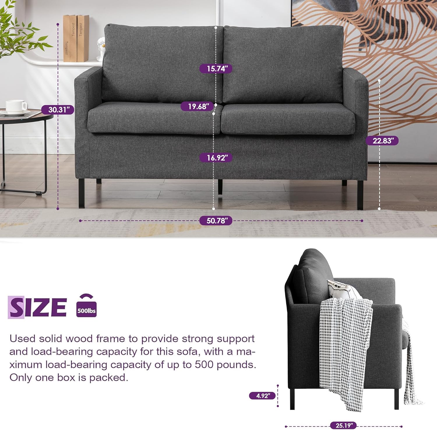TYBOATLE Linen Fabric Modern Small Loveseat Sofa Couch for Living Room, 51