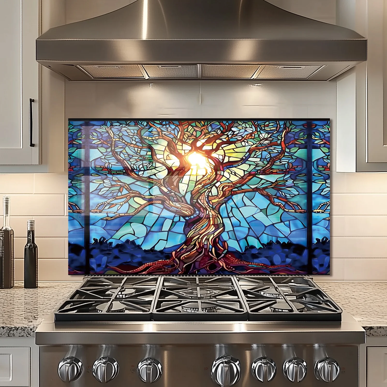 Mosaic Tree of Life Tempered Glass Backsplash For Kitchen Behind Stove,Stove Back Top Cover,Easy to Clean Glass Splashback, Sink Cover Splash Guard,Home Kitchen Wall Decor - Image 2