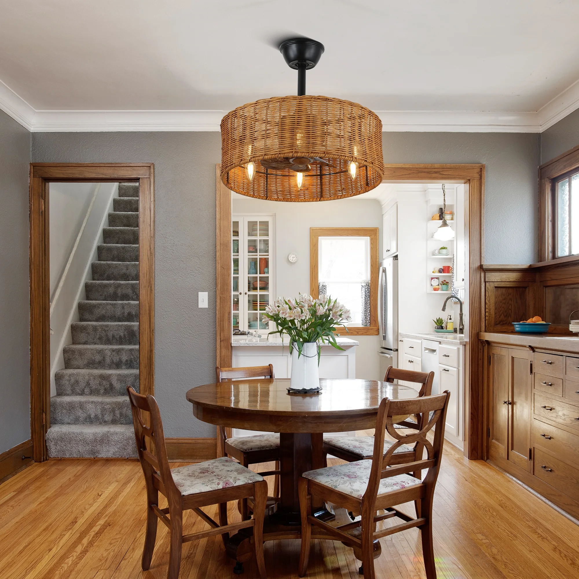 6-Light Bohemian Rattan-Woven Drum Ceiling Fan with Light and Remote Control, Bella Depot Black 3-Speed Chandelier