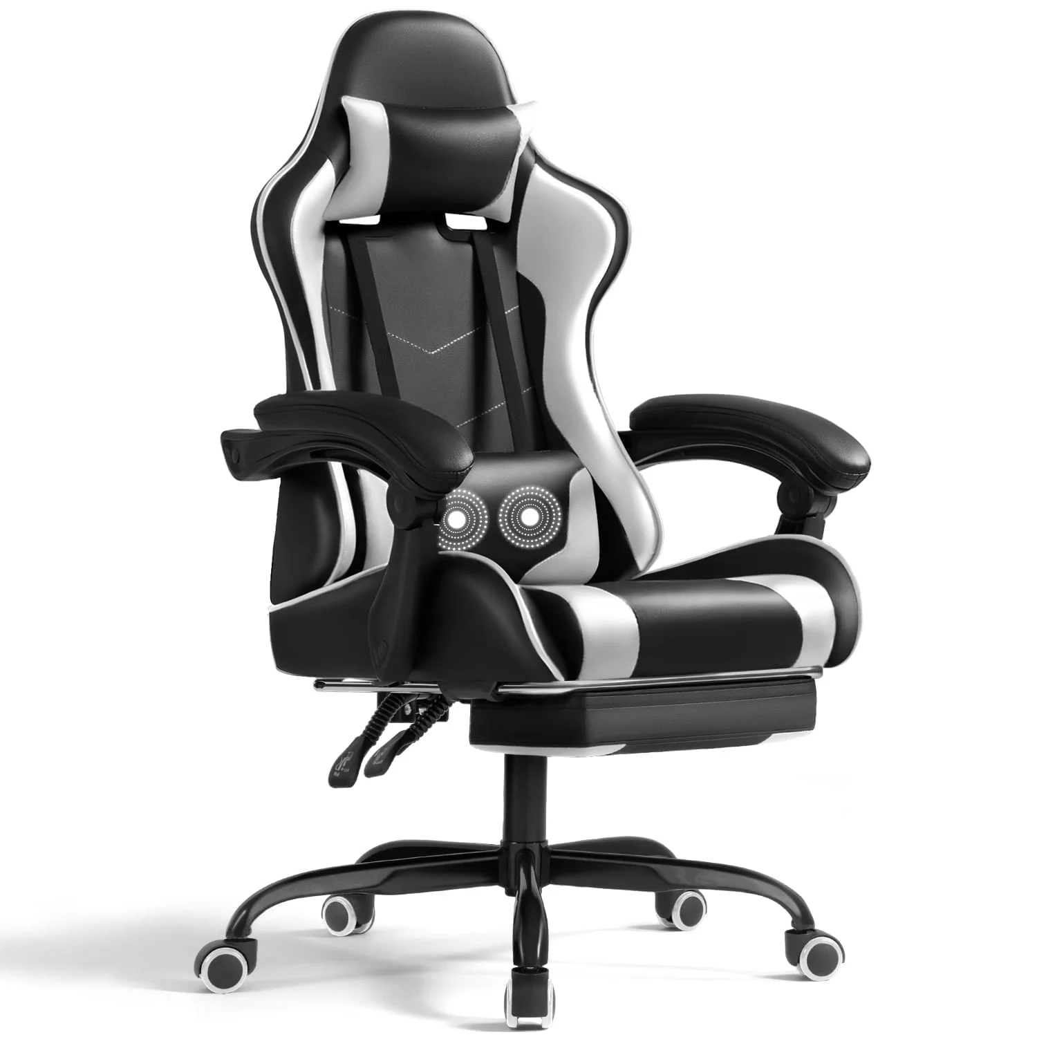 Lacoo PU Leather Gaming Chair Massage Ergonomic Gamer Chair Height Adjustable Computer Chair with Footrest & Lumbar Support, White - Image 16