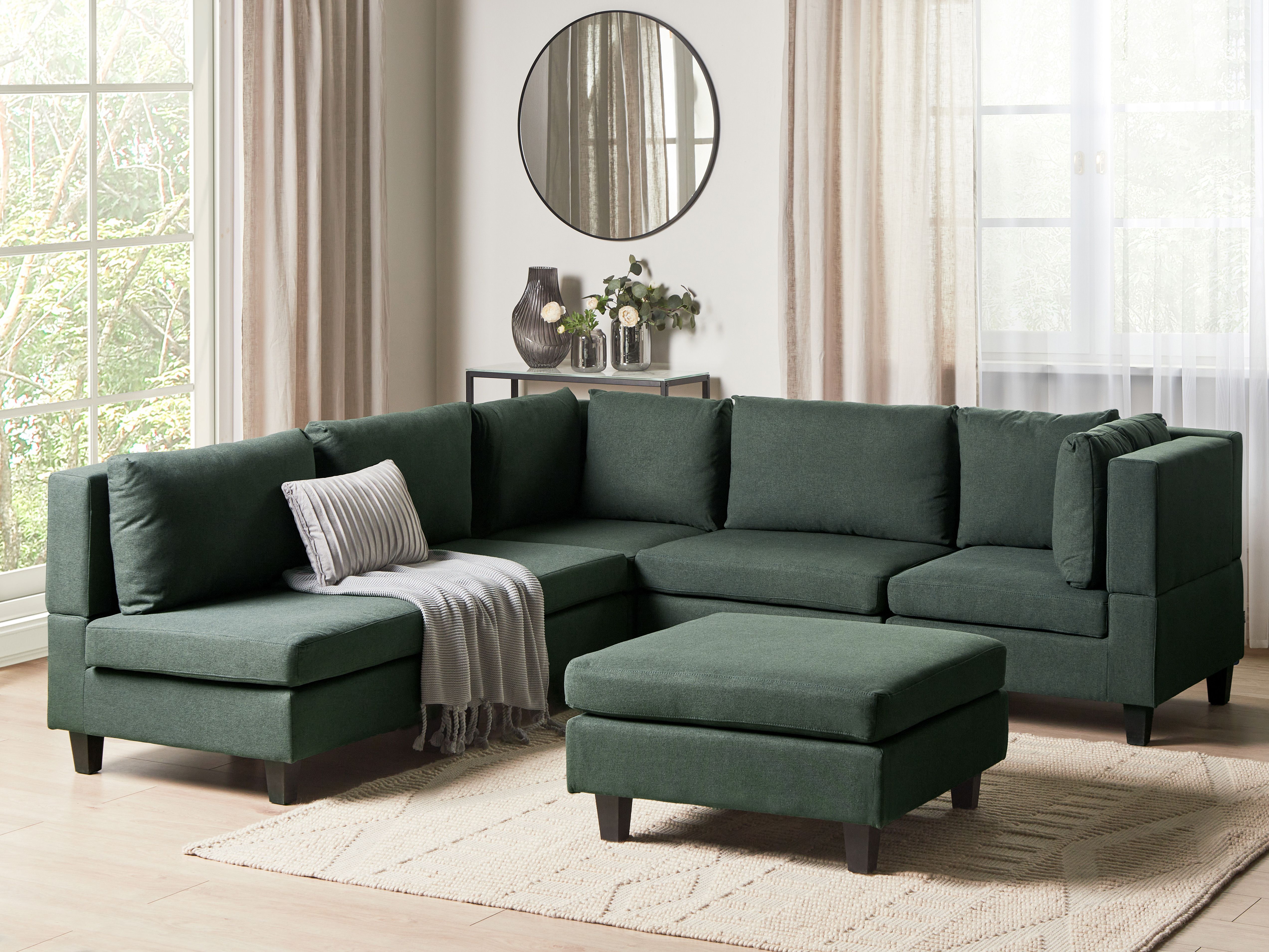 Modular Corner Sofa 5 Seater UNSTAD Fabric Dark Green with Ottoman Left Hand