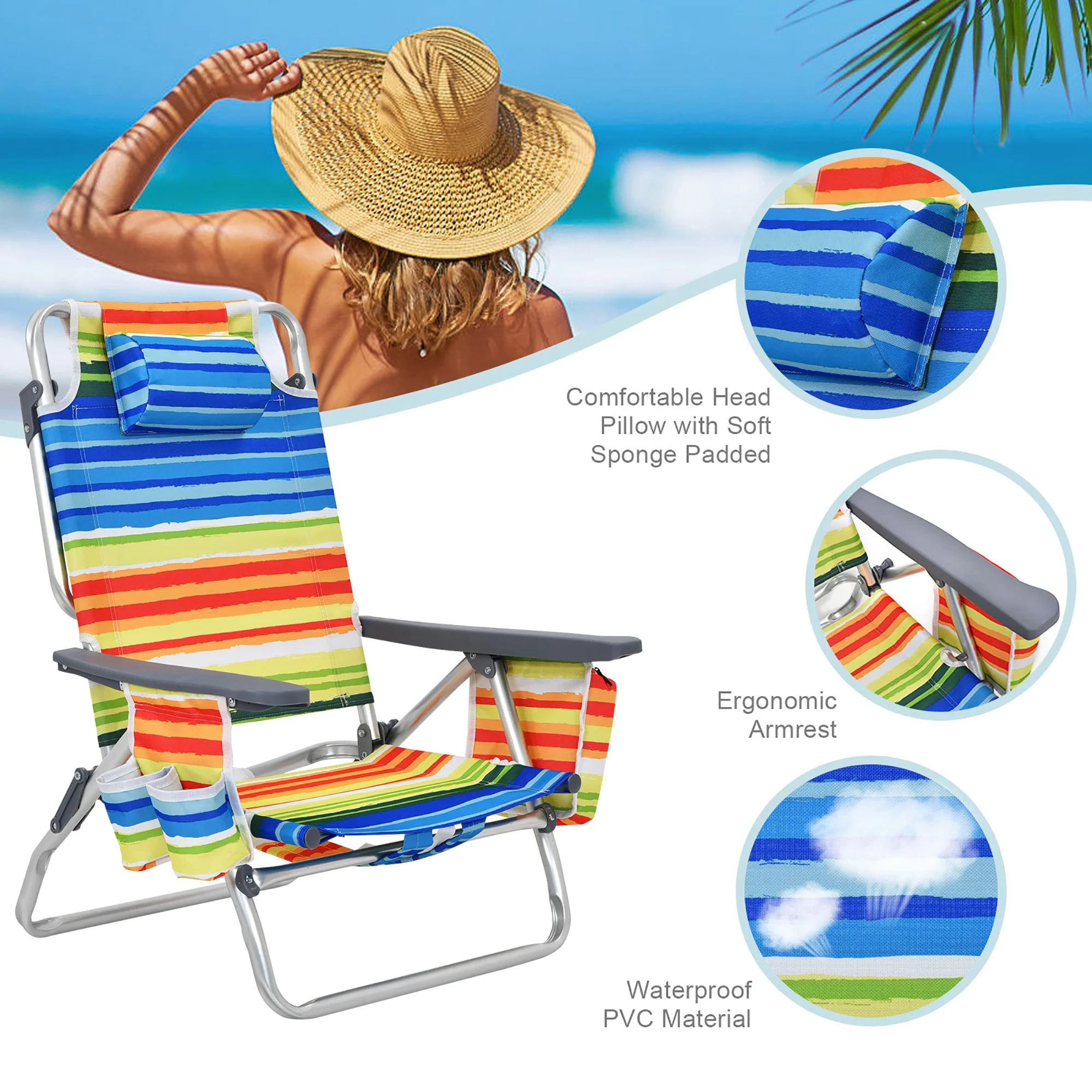 Costway 2-Pack Folding Backpack Beach Chair Table Set 5-Position Outdoor Reclining Chair Pink - Image 49