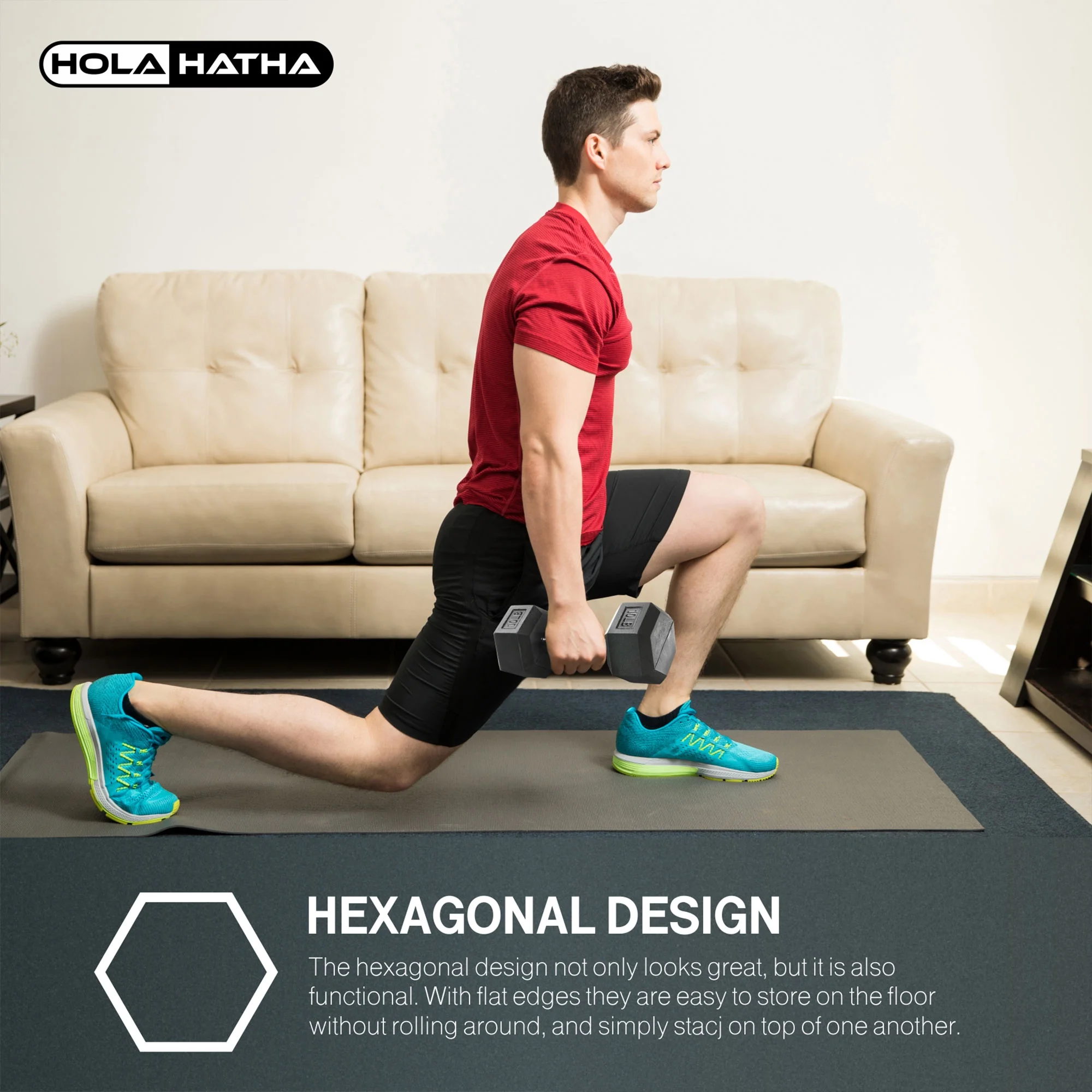 HolaHatha 10, 15, 25, 30, & 35 Pound Hexagonal Dumbbell Weight Set w/Rack - Image 9