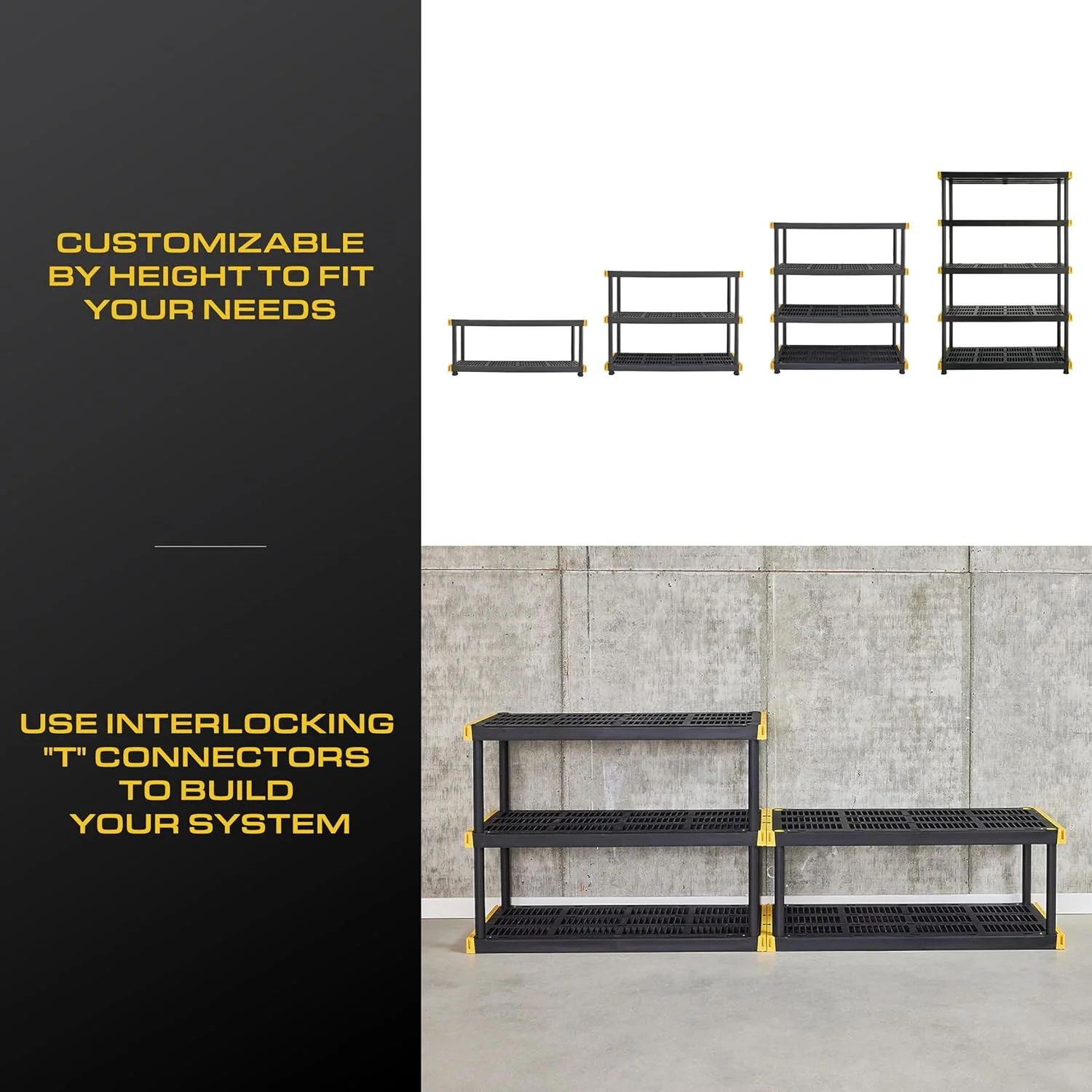 Black & Yellow, 5-Tier Heavy Duty Plastic Storage Shelving Unit, 200lbs/shelf (72��H x 48��W x 20��D), for Indoor/Outdoor Organization, Modular Rack - Image 7