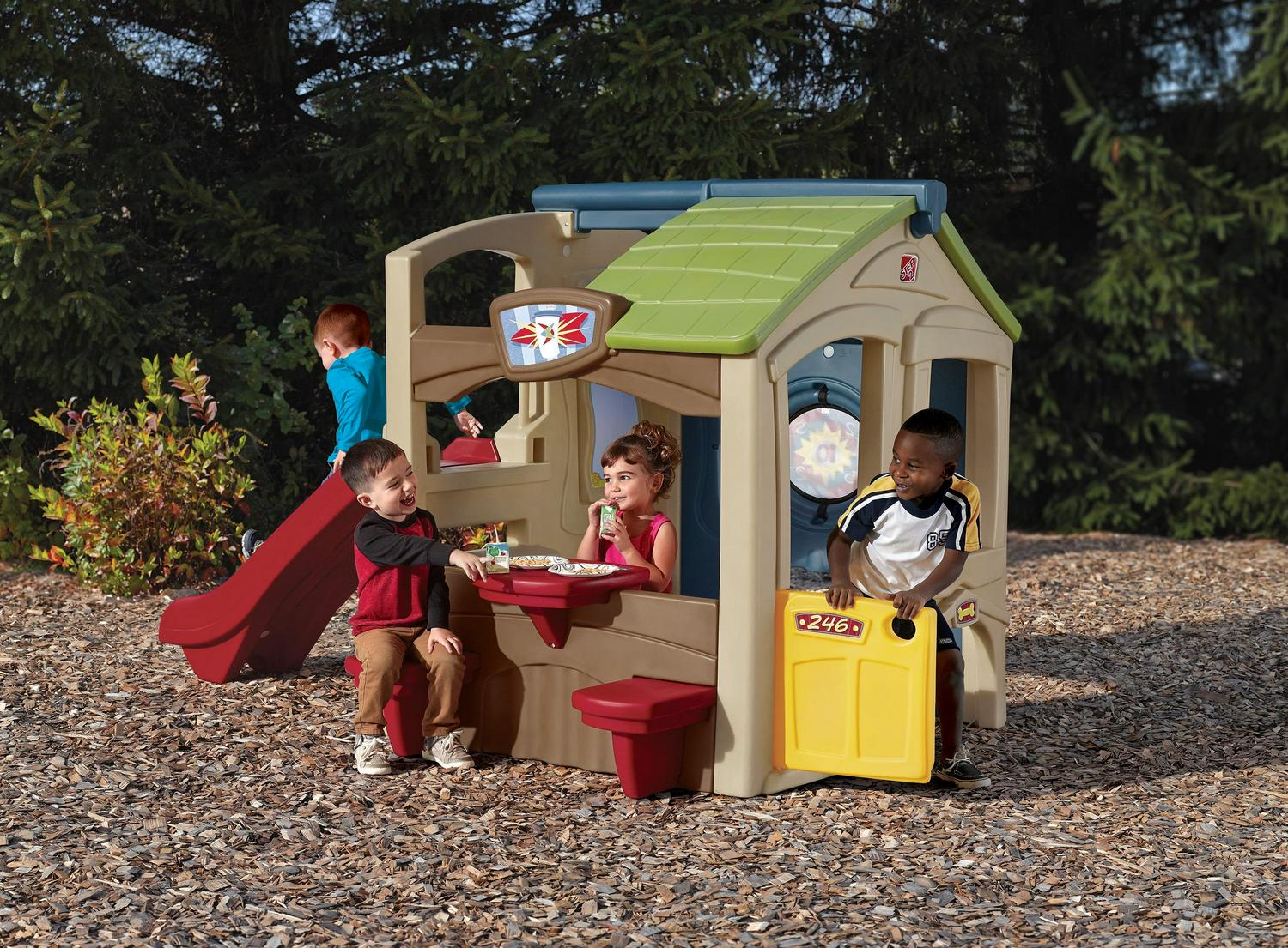 Step2 Neighborhood Fun Center Brown Playhouse with Slide Plastic Kids Outdoor Toys - Image 2