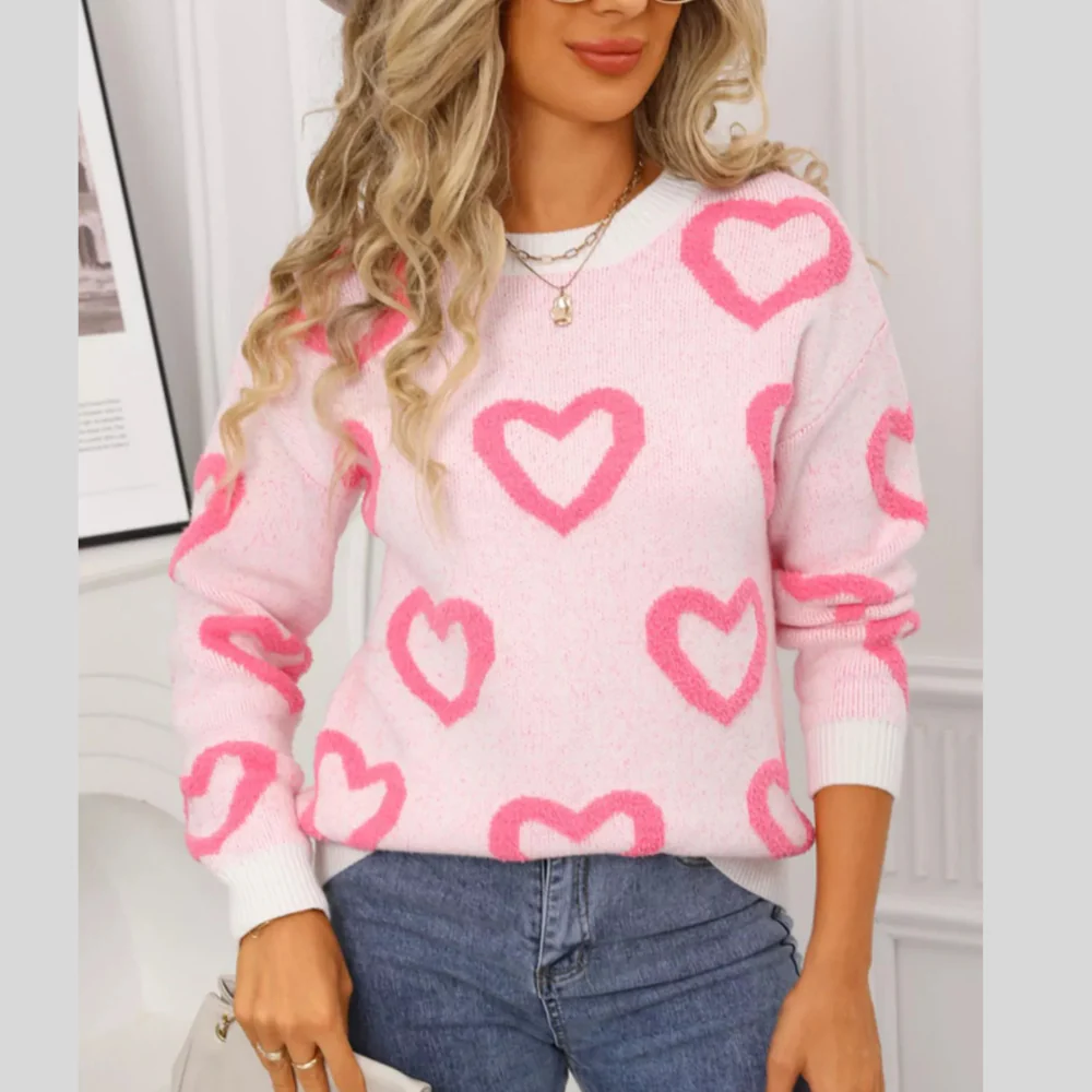 Valentine's Day Heart Pattern Round Neck Sweater - ZKZOOK