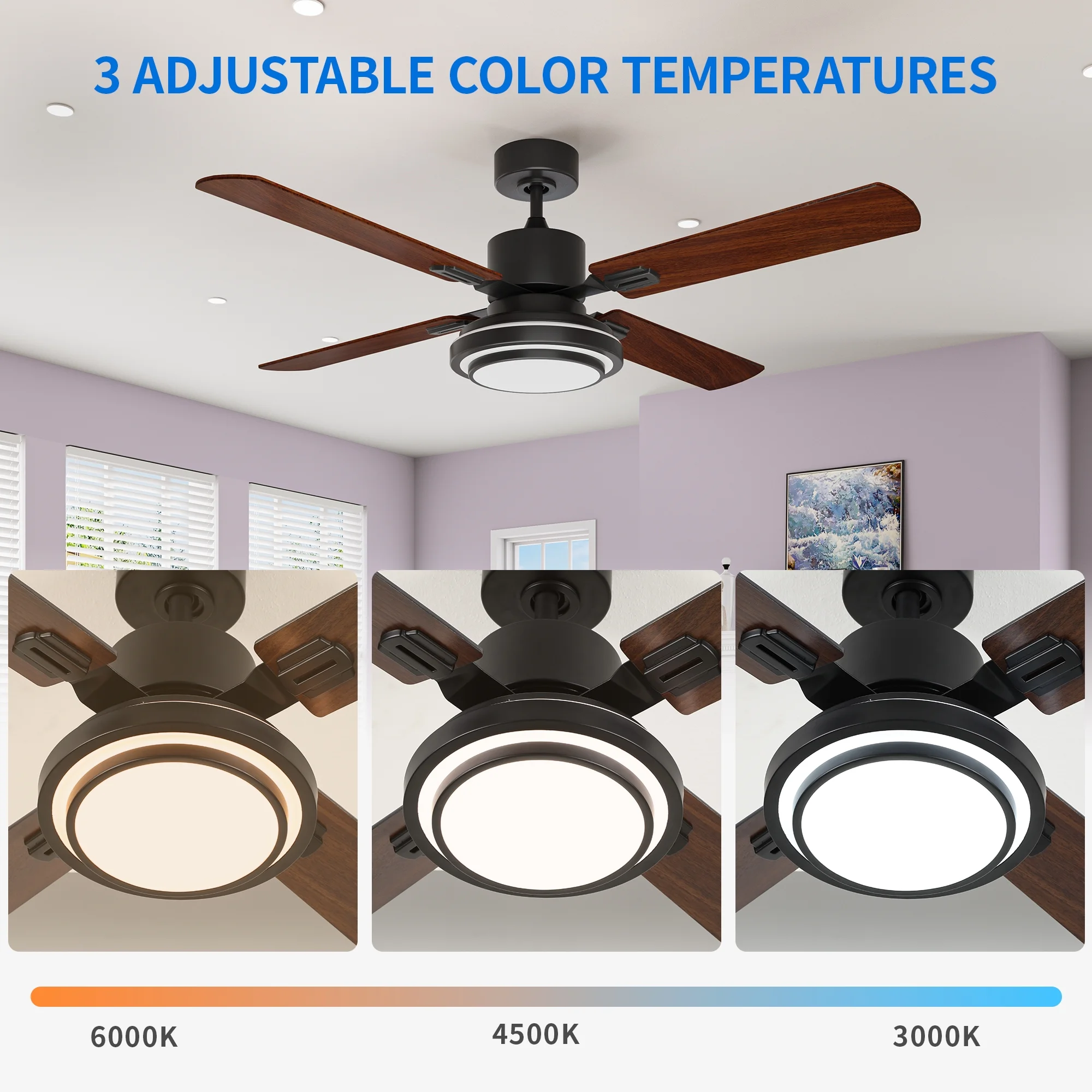 Dextrus 52'' Ceiling Fan with Light and Remote Control, 6 Speeds, 5 Timer Settings, and Dual-Finish Blades (Black)