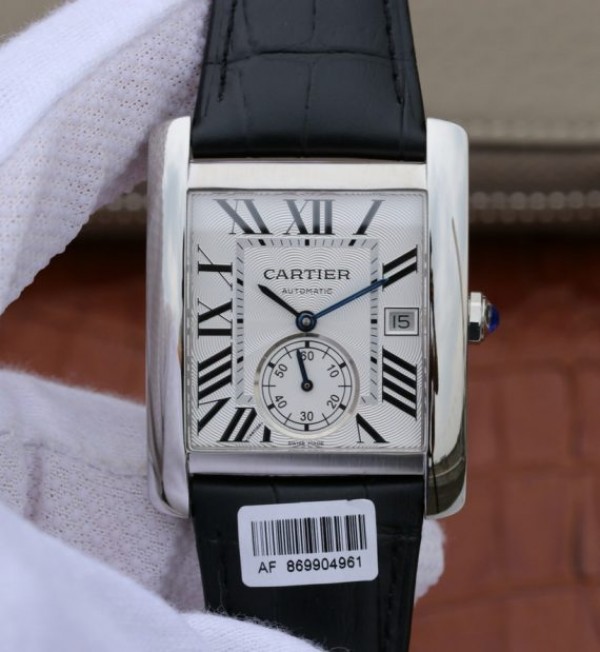 Replica Cartier Tank MC SS Textured White Dial Black Leather Strap - Top club