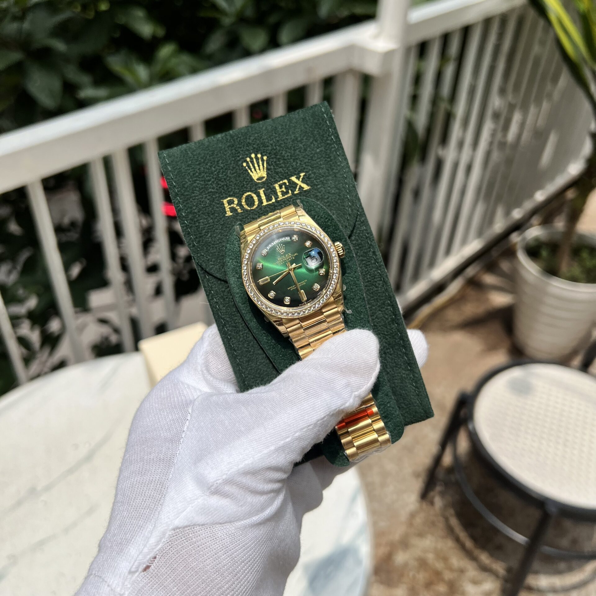 Rolex Replica 1:1 Watch Day-Date Green Dial With Diamonds EW 36mm - Elite Watch Atelier