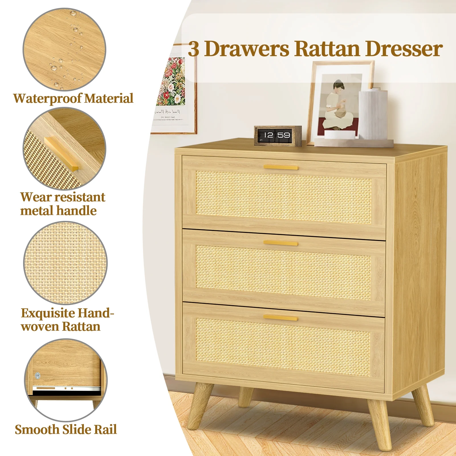 Capri 3 Drawer Dresser, Rattan Storage Wide Chest of Drawers, Night Stand Storage Cabinet for Women, Kids, Baby, Nursery, Girls, Bedroom Living Room Furniture, Natural