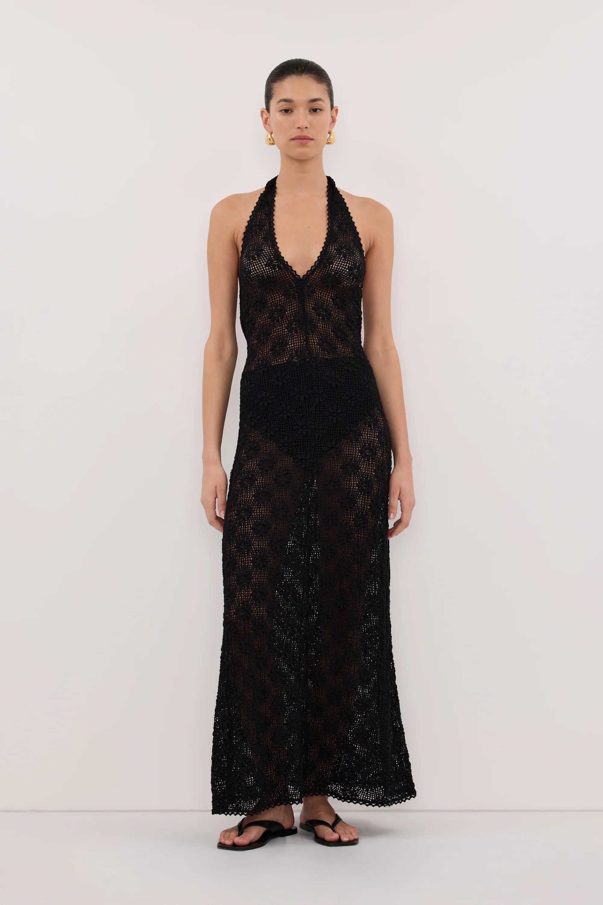 AGNES BLACK CROCHET HALTER MIDI DRESS