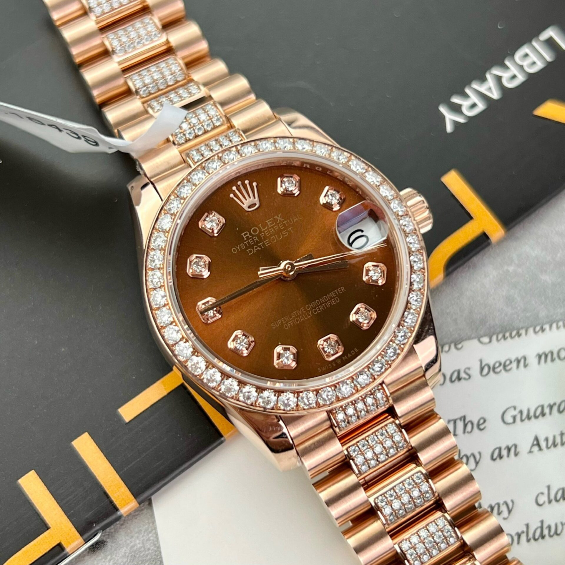 Rolex DateJust Gold Wrapped Moissanite Replica Watch With Chocolate Dial 31mm - Top club