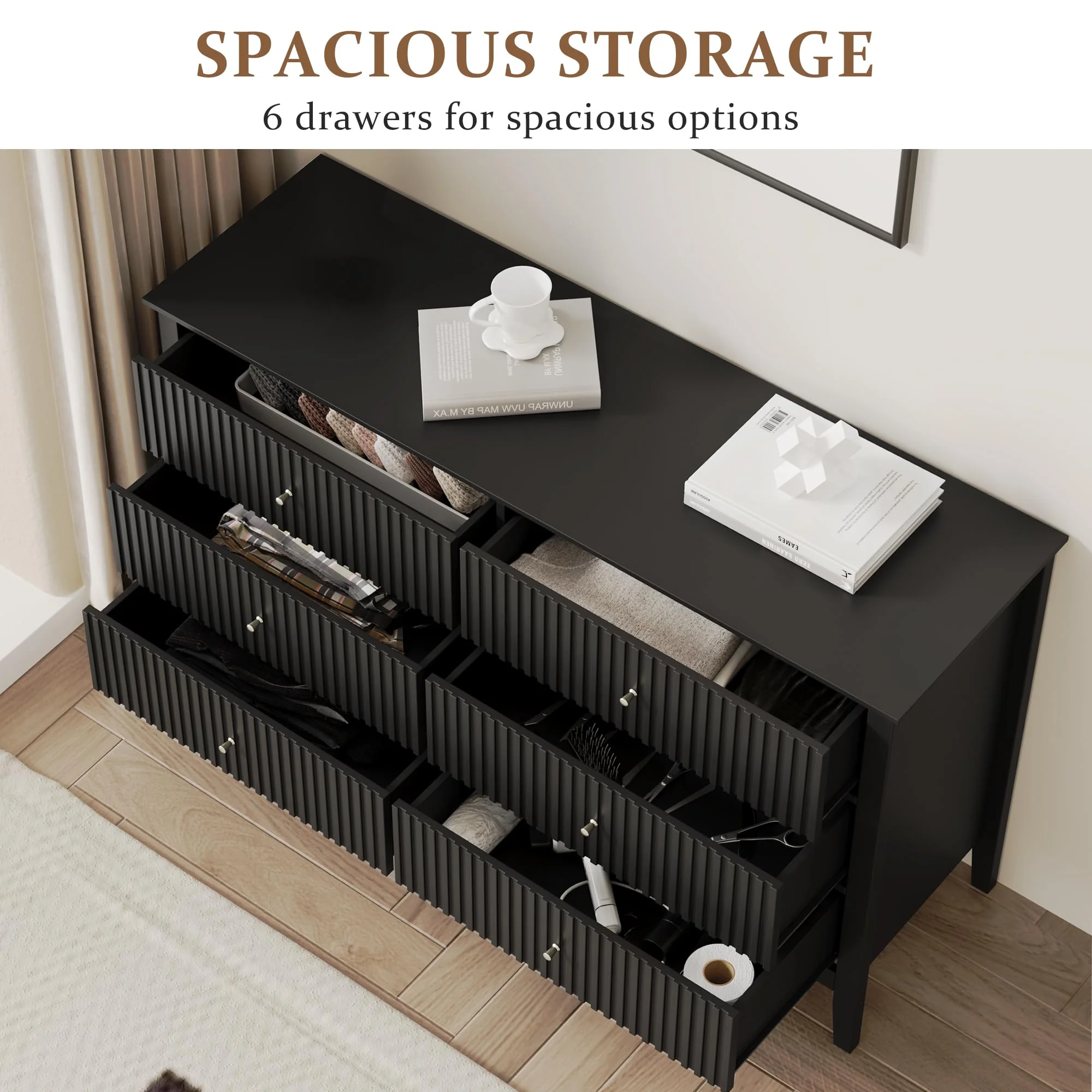 Heynemo Beige 6 Drawer Dresser, Fluted Modern Wood Chest - Image 92