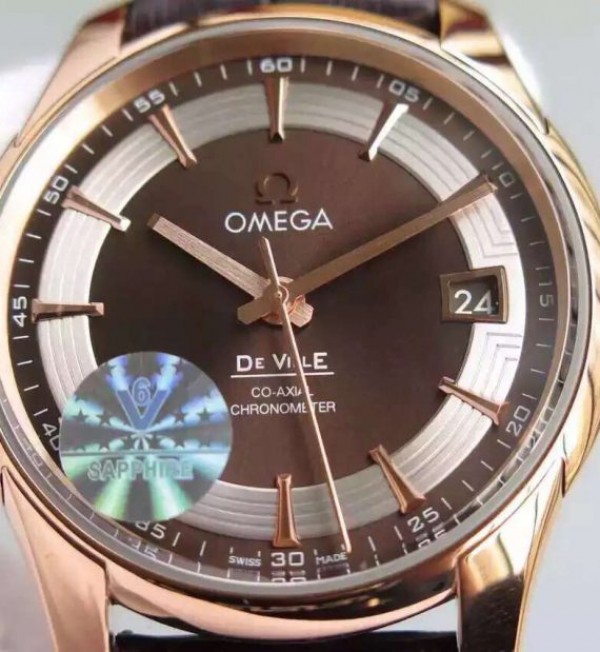 Replica Omega V6F De Ville Hour Vision Co-Axial 41mm RG Brown Dial Brown Leather Strap A8500 - Top club