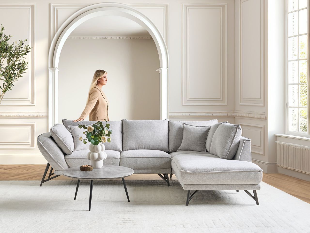 Corner Sofa 3 Seater ELGA Linen Light Grey Left Hand