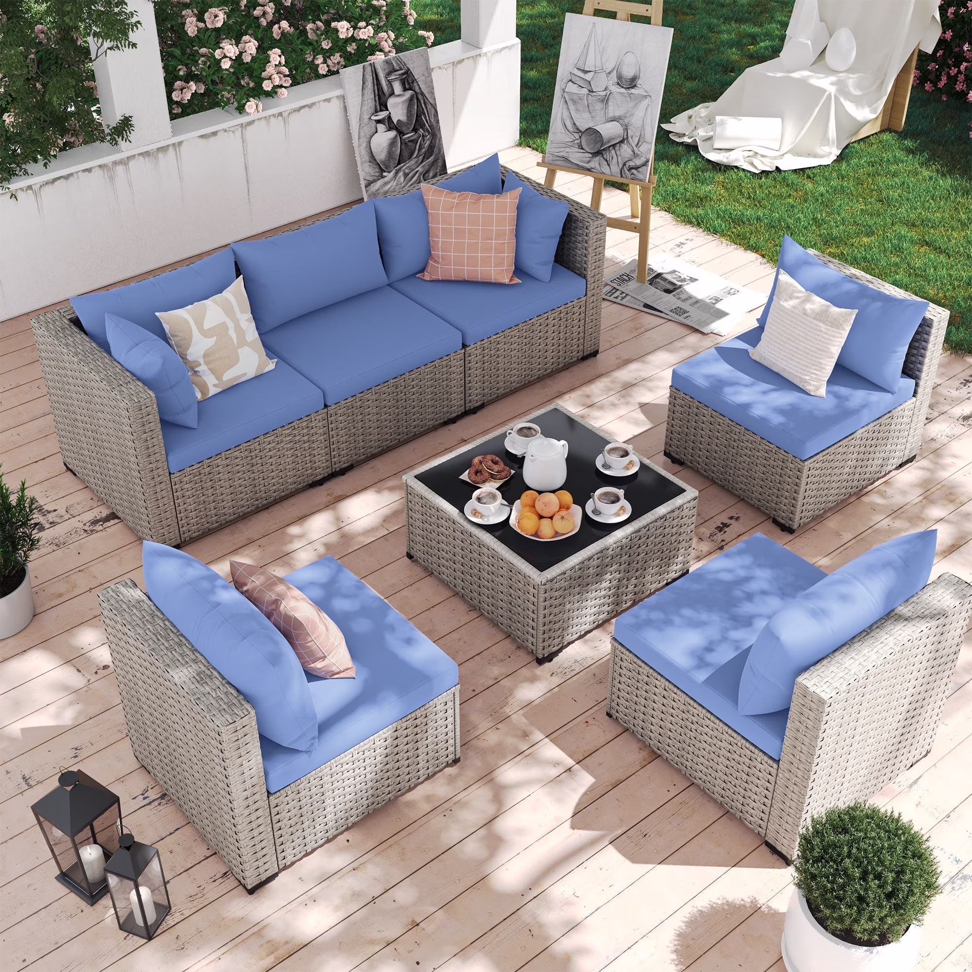 7 Pieces Patio Conversation Set, Outdoor Sectional PE Rattan Wicker Furniture Seat,Dark Gray - Image 21