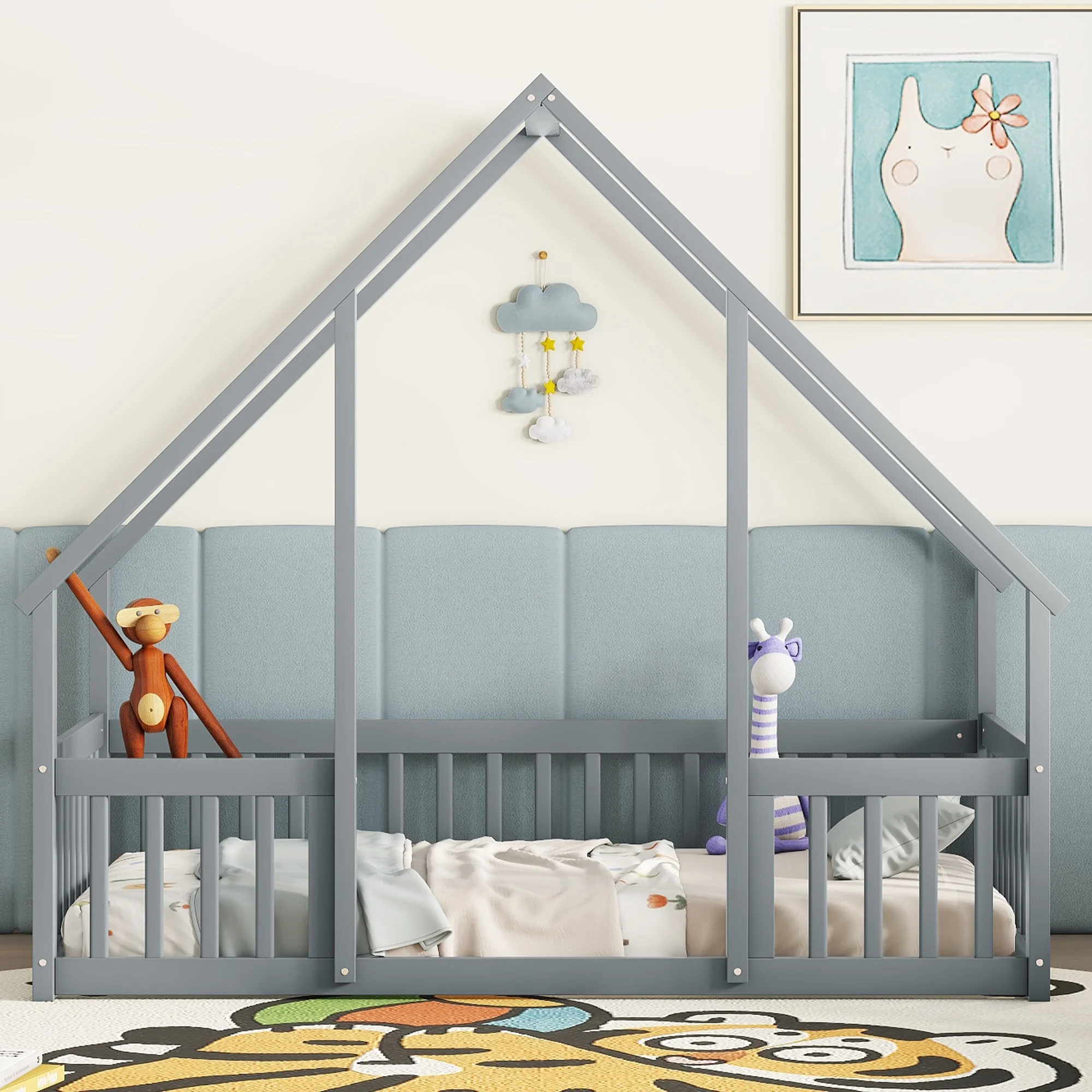 Bellemave Twin Size Floor Bed Frame, Wooden House Bed Twin Size with Fence, Montessori Bed with Guardrails for Bedroom (White) - Image 32