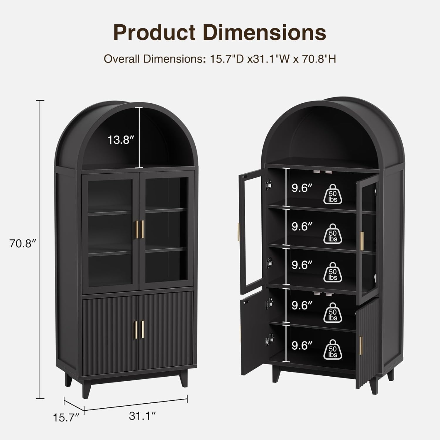 FiveWillowise Arched Cabinet with Glass Doors, Fluted Tall Pantry with Solid Wood Legs, 71