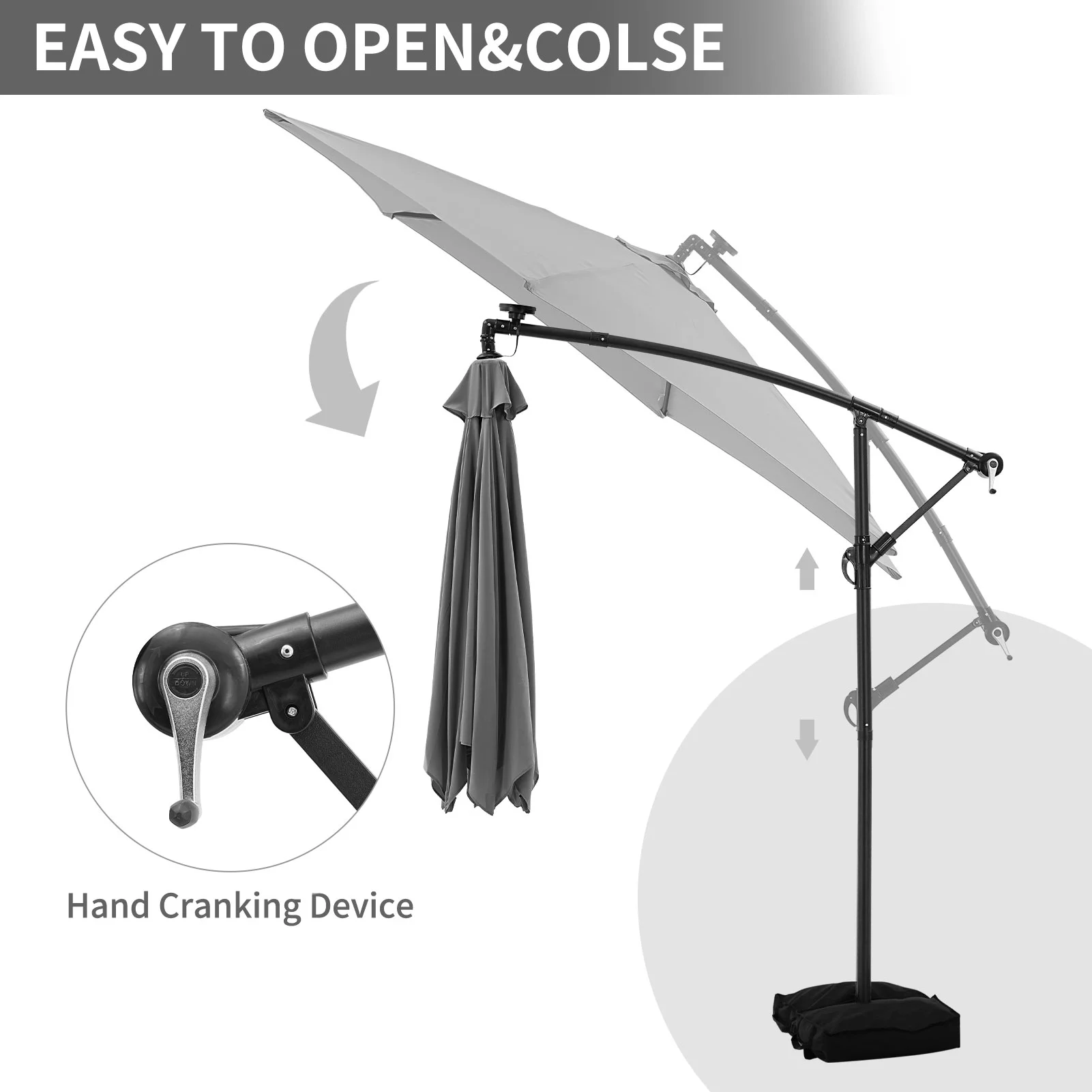 Ainfox 10ft Cantilever Patio Umbrella with Lights, Offset Market Umbrella with Sandbags Weighted Base and Cross Base,Khaki - Image 13