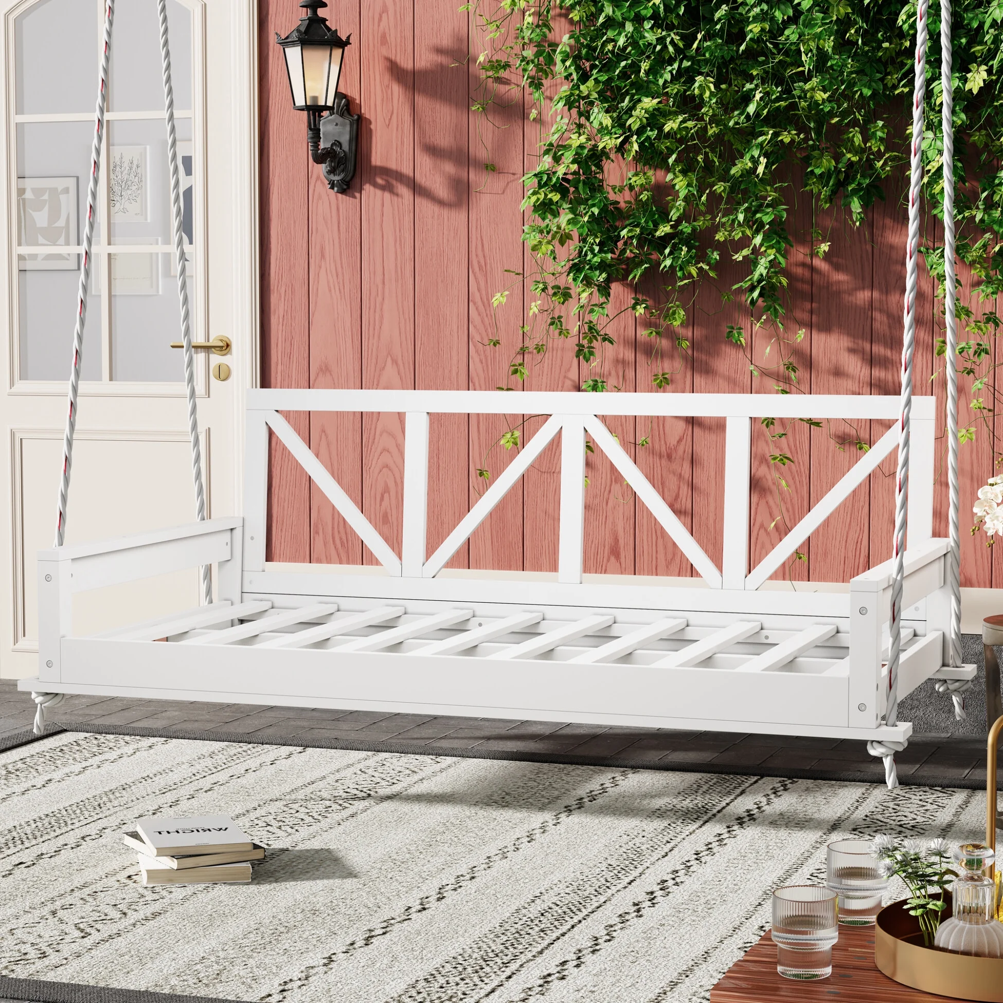 Wood Twin Size Patio Swing Bed, Modern Porch Swing Hanging Daybed with 16.4ft Hemp Ropes, Comfortable Porch Swing Bed for Relaxing on Patio, Porch, Backyard and Garden Spaces, White