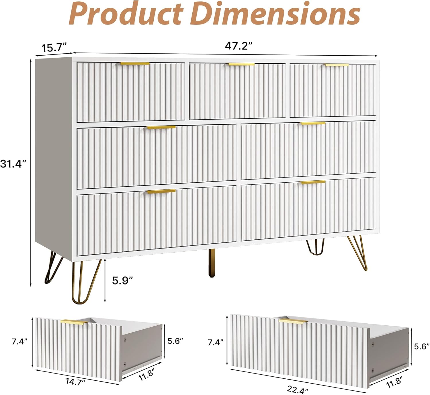 White Dresser for Bedroom, 7 Drawer Dresser with Gold Pulls, Wide Chest of Drawers for Bedroom, Entryway, 47.2
