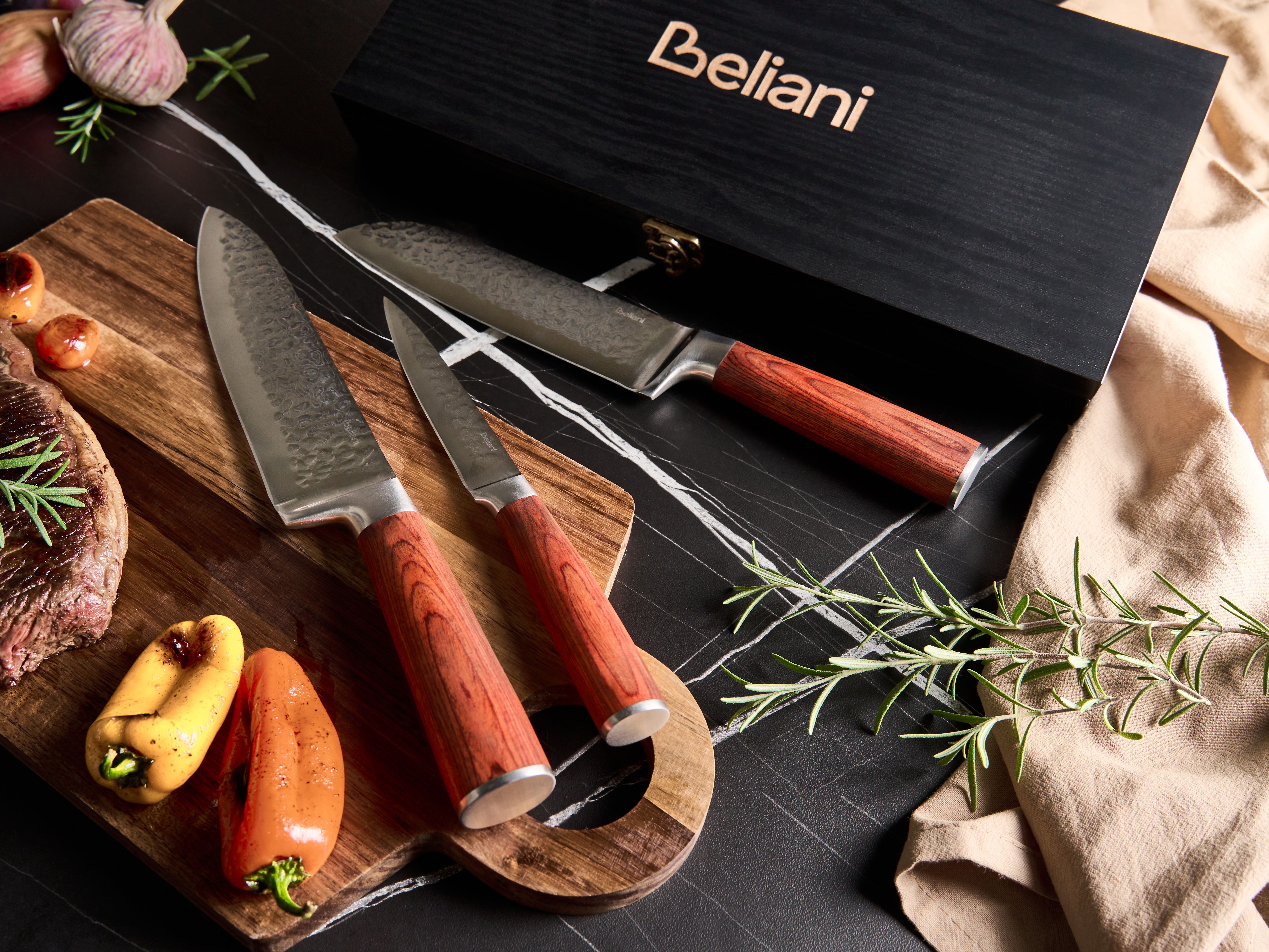 Set of 3 Knives Damascus Steel KASHIWA Brown