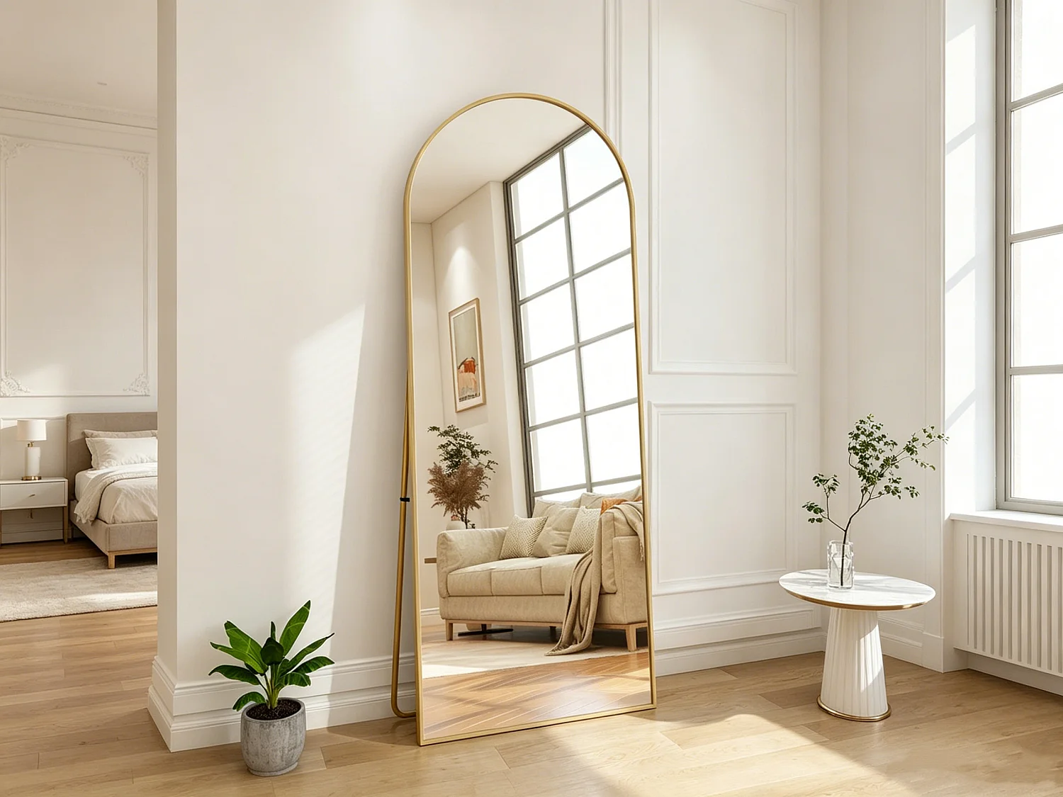 Miroir sur pied incurvé 164 x 54 cm - cadre en alliage d'aluminium - verre trempé - grand format - or