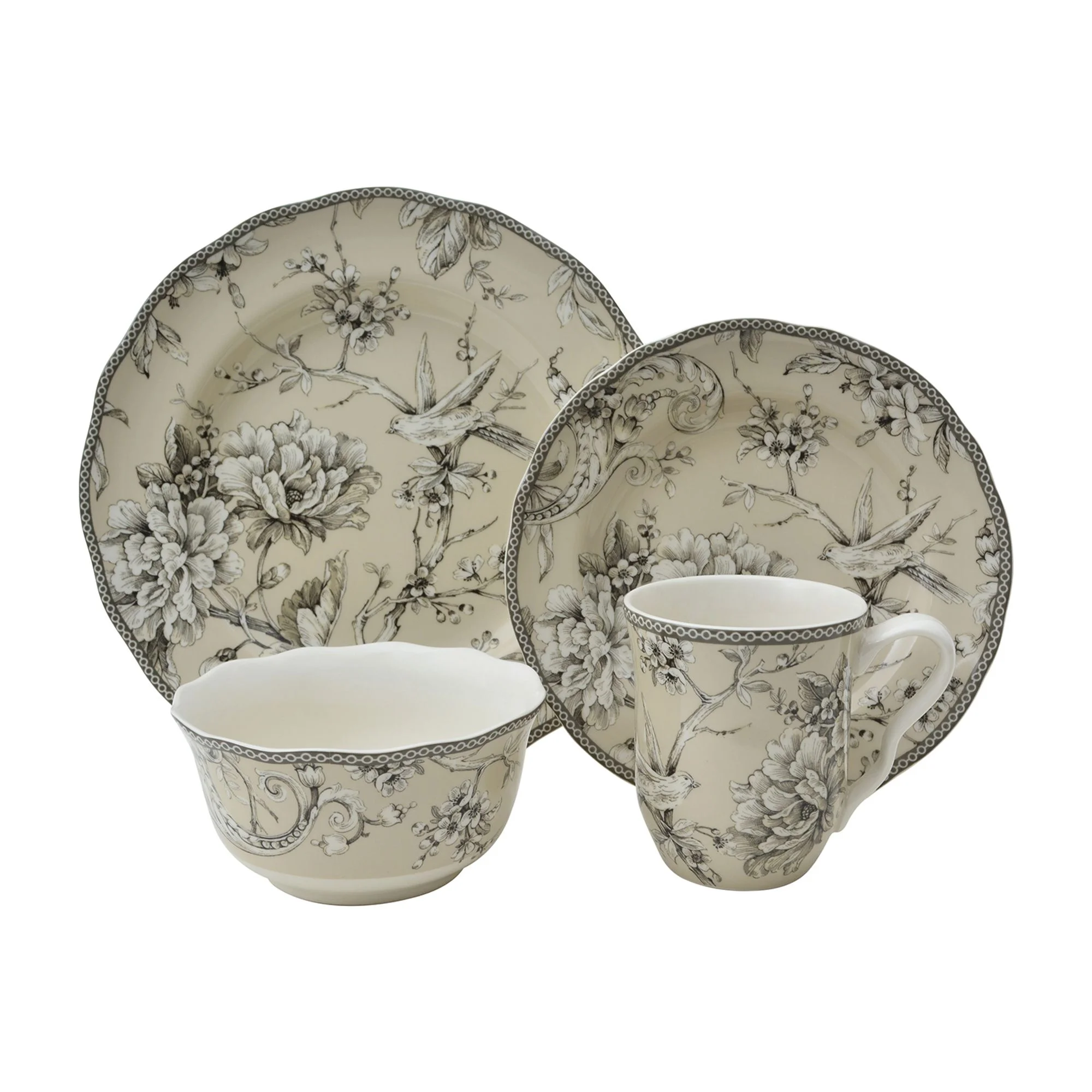 222 Fifth Adelaide Round 16-Piece Porcelain Dinnerware Set, Black Toile - Image 30