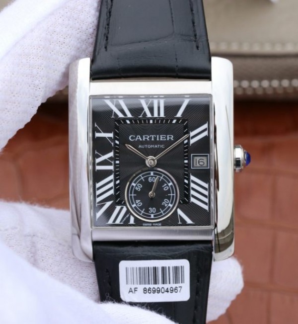 Replica Cartier Tank MC SS Black Textured Dial Black Leather Strap - Top club
