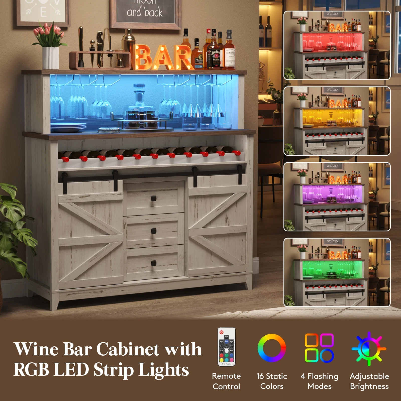 Lifewit Farmhouse Wine Bar Cabinet with Sliding Bar Door and Led Lights, Sideboard with 2 Layers Tabletops, Wine and Glass Racks, 2 Storage Cabinets with Adjustable Shelf, 3 Drawers, Rustic White