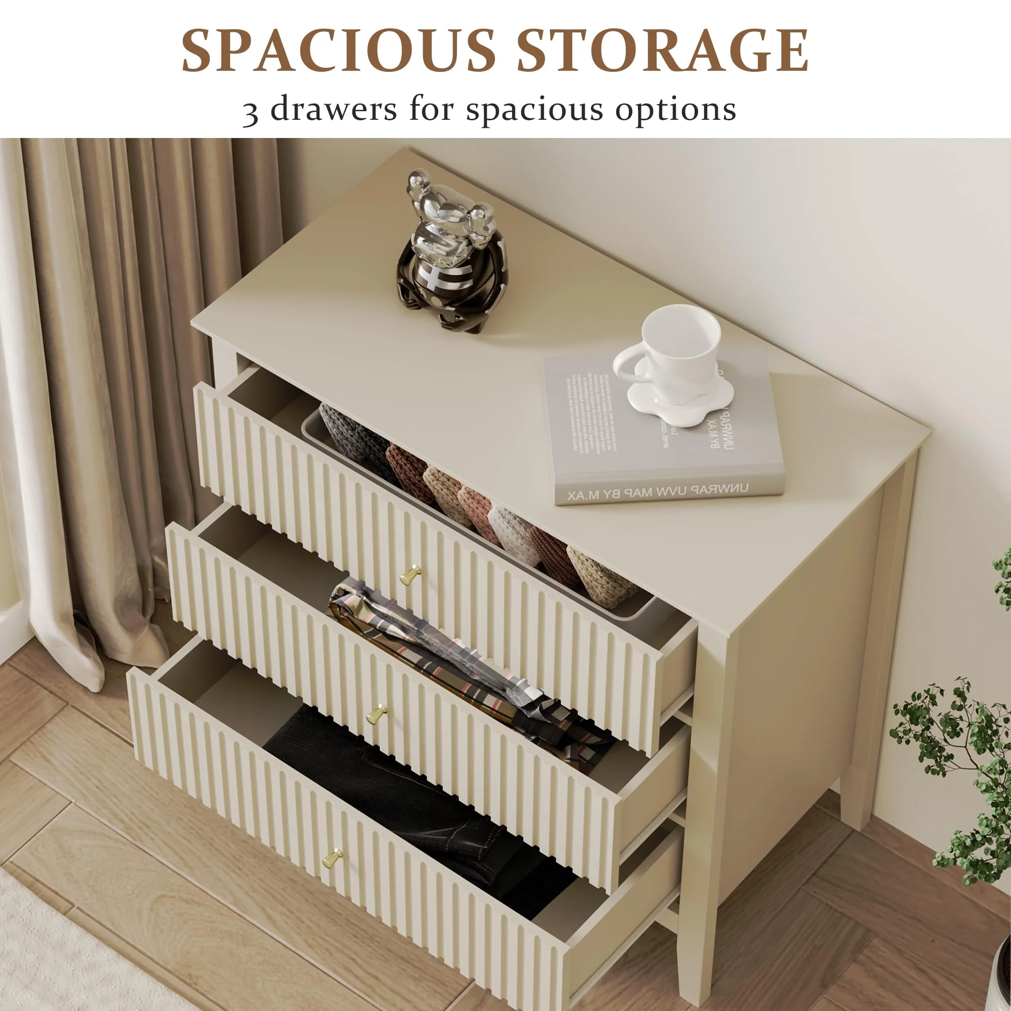 May Color Large White 3 Drawer Dresser Set of 2 with Fluted Panel, Modern Chest of Drawers with Silent Slide Drawers, Wood Accent Nightstand with Storage for Bedroom Living Room, Hallway - Image 52