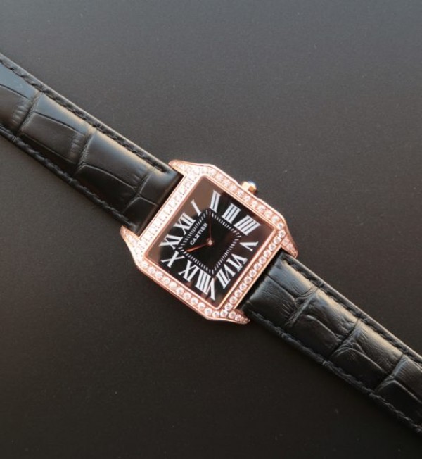 Replica Cartier Santos WH100751 Diamond RG Black Dial Leather Strap A9015 - Top club