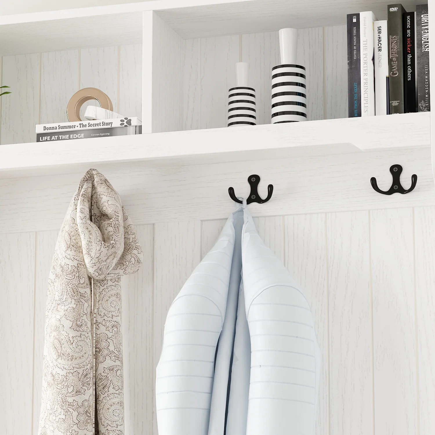 KULAGAGA 3-in-1 Hall Tree Storage Bench and Coat Rack with 4 Steel Double Hooks White