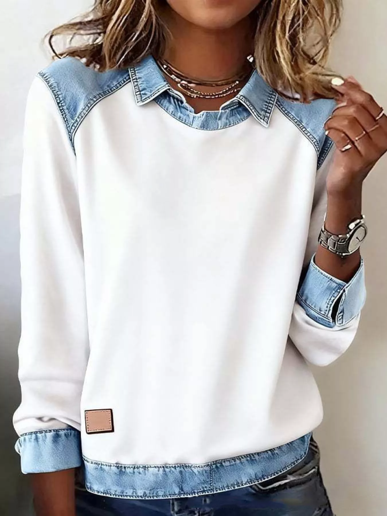 Full Size Denim Trim Long Sleeve Top Plus Size - ZKZOOK