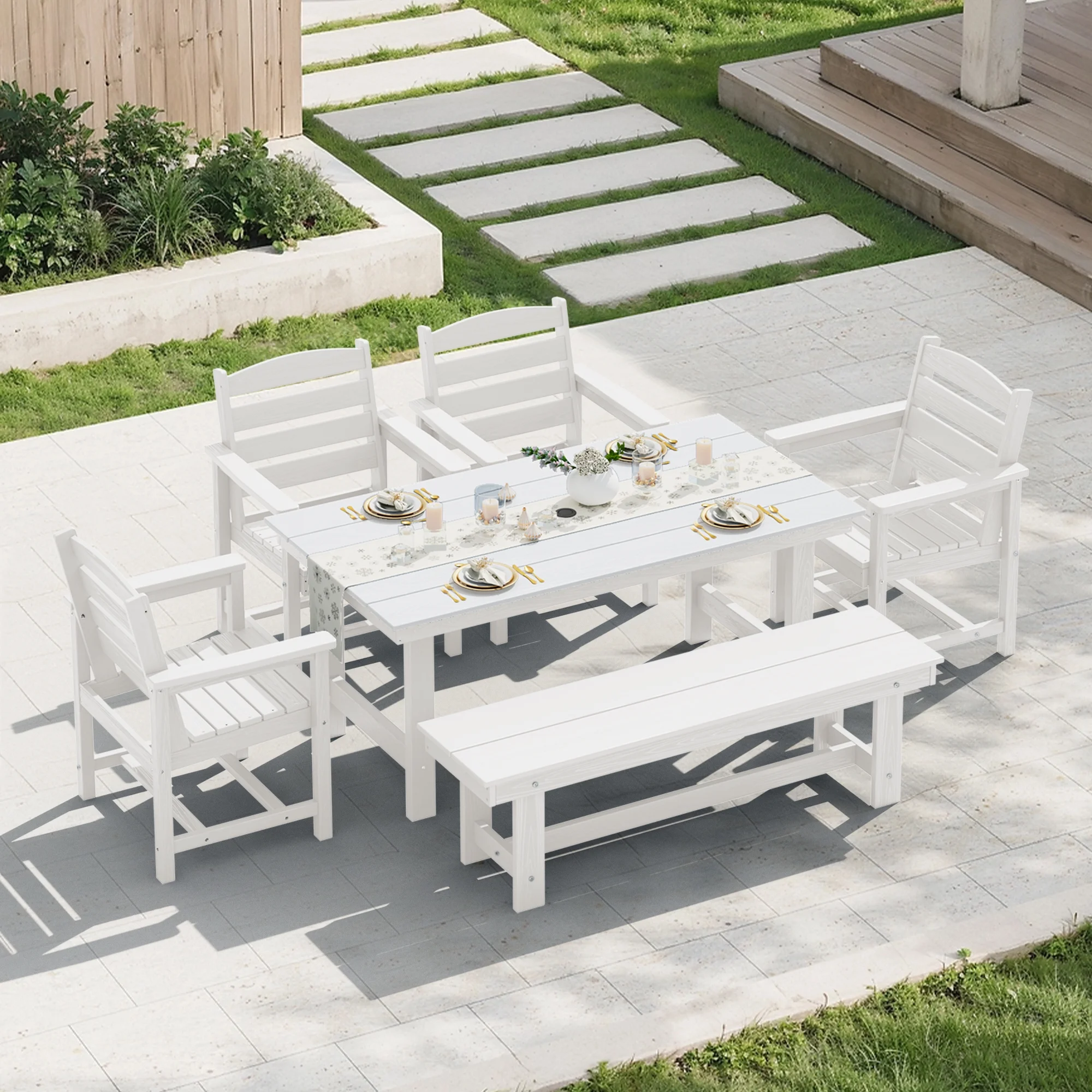 KINGYES 7-Piece Outdoor Dining Set, HDPE Patio Table and Chairs with Umbrella Hole, Gray - Image 67