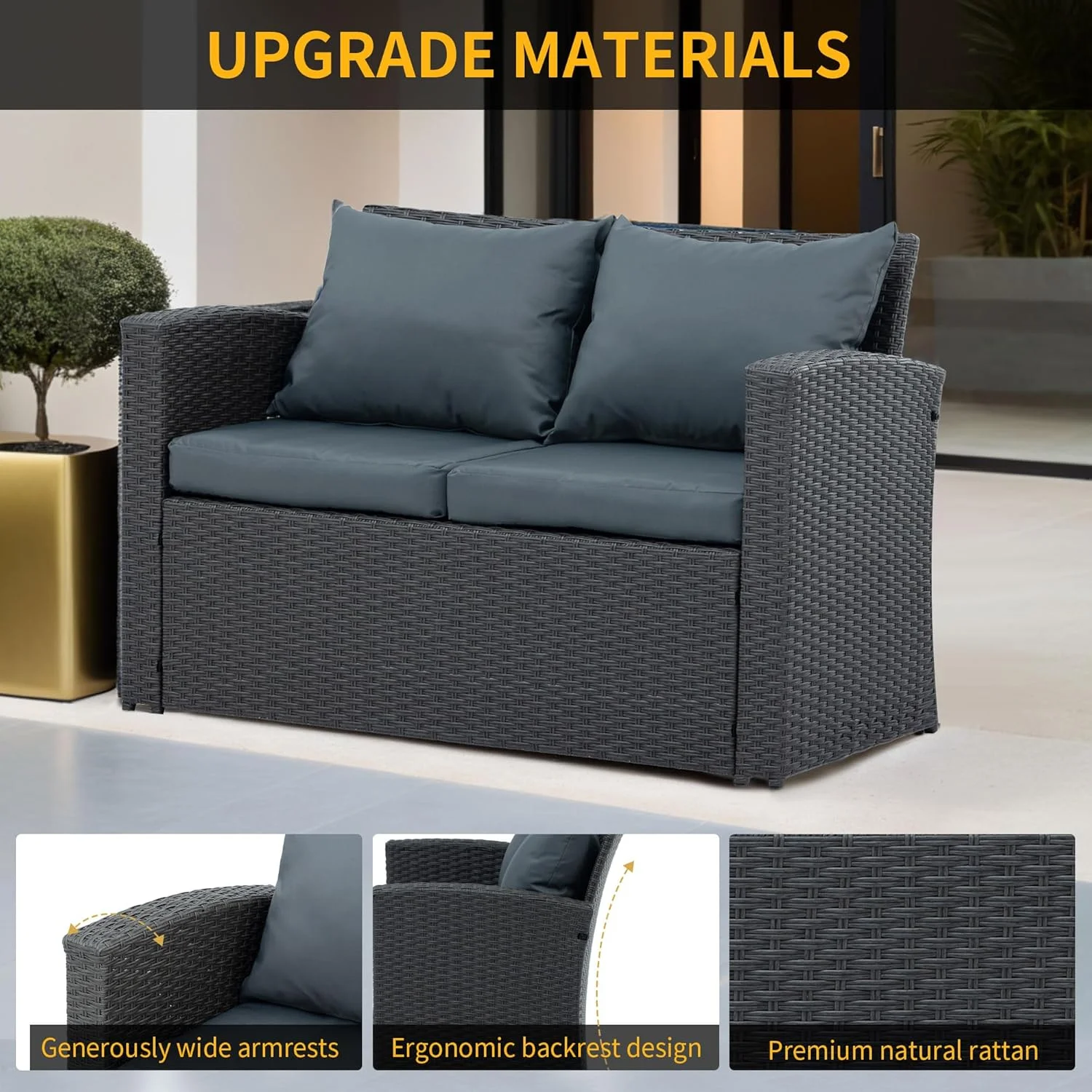 7 Piece Patio Furniture Sets Outdoor Sectional PE Rattan Outdoor Furniture Patio Conversation Set with Cushions and Glass Coffee Table, for Balcony Lawn and Garden, Gray - Image 17