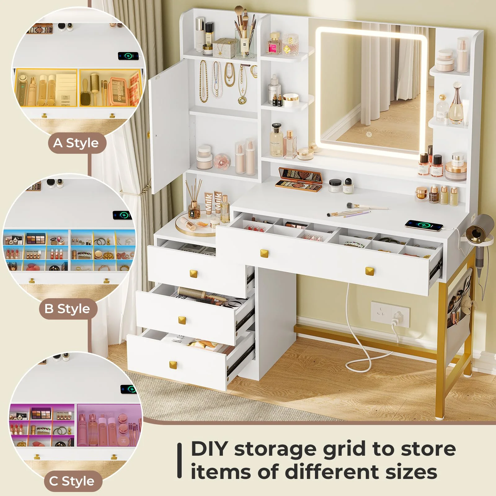 Makeup Vanity Desk with Lighted Mirror & Charging Stations & 6 Drawers Large Vanity Table Bedroom Dressing Table with Glass Tabletop&Side Cabinet&Glass Tabletop, Black - Image 21
