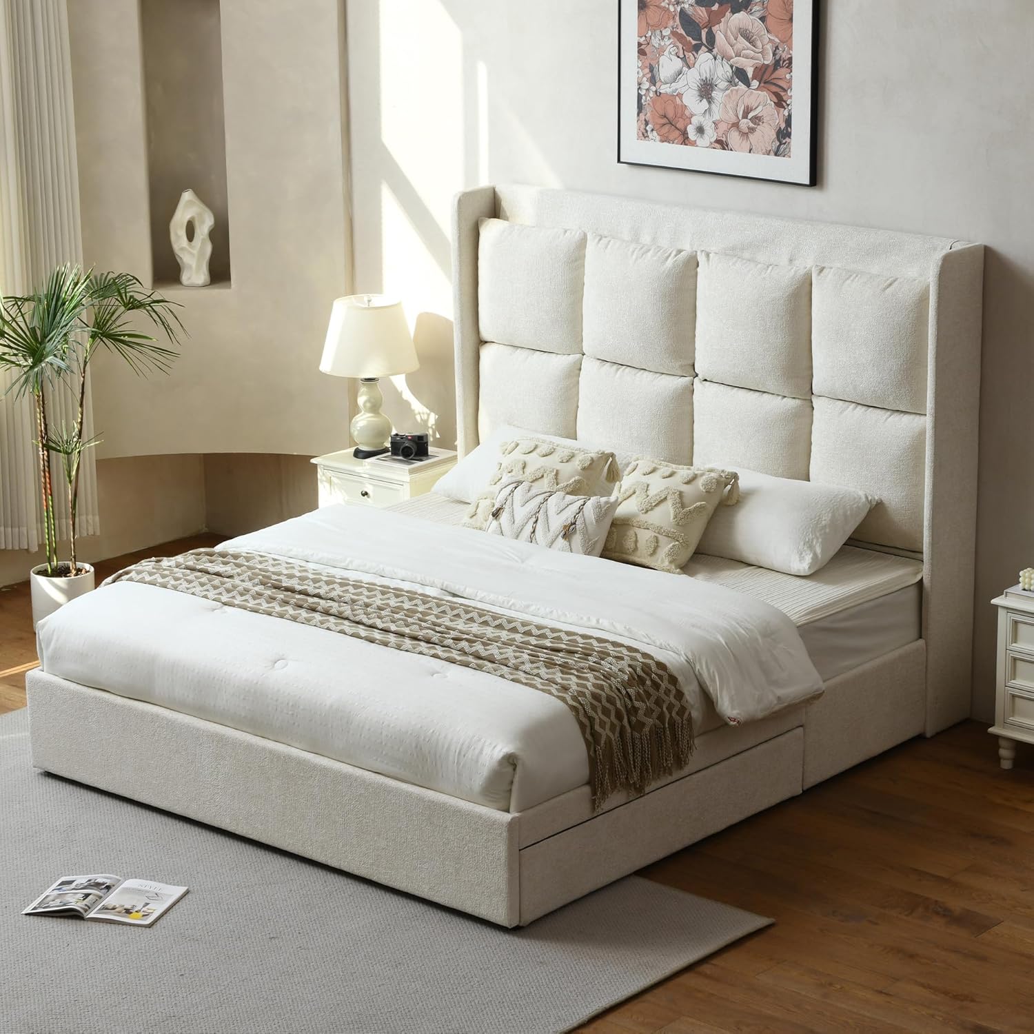 PINJU King Size Bed Frame with Storage Drawers with Linen Upholstery, Extra High Headboard, Wooden Slat Support, No Noise, Easy to Assemble (Cream, King (U.S. Standard))