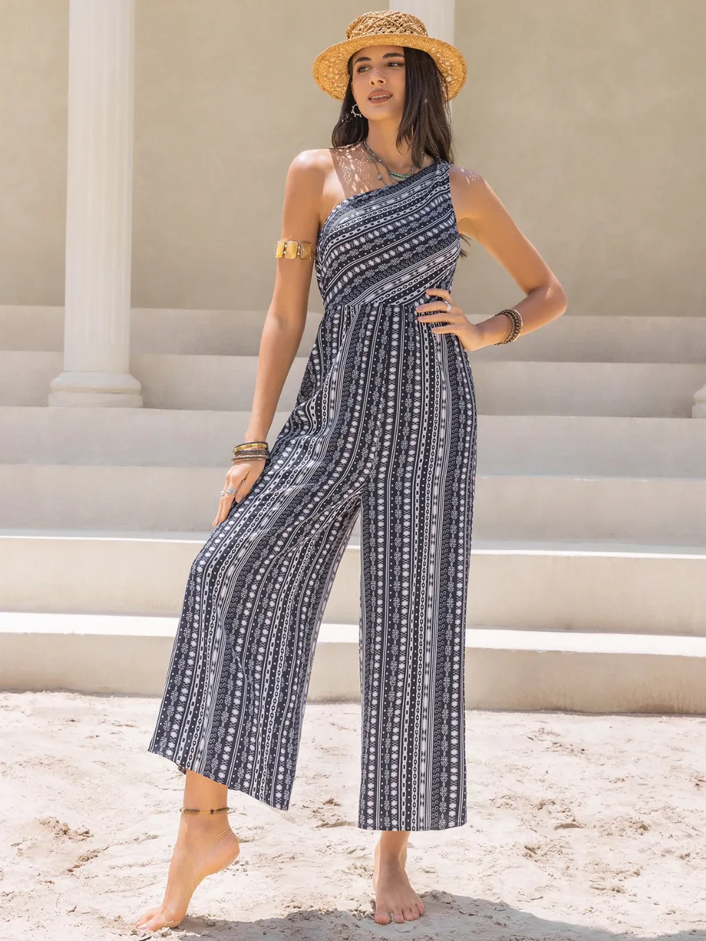 Printed Single Shoulder Sleeveless Jumpsuit - ZKZOOK