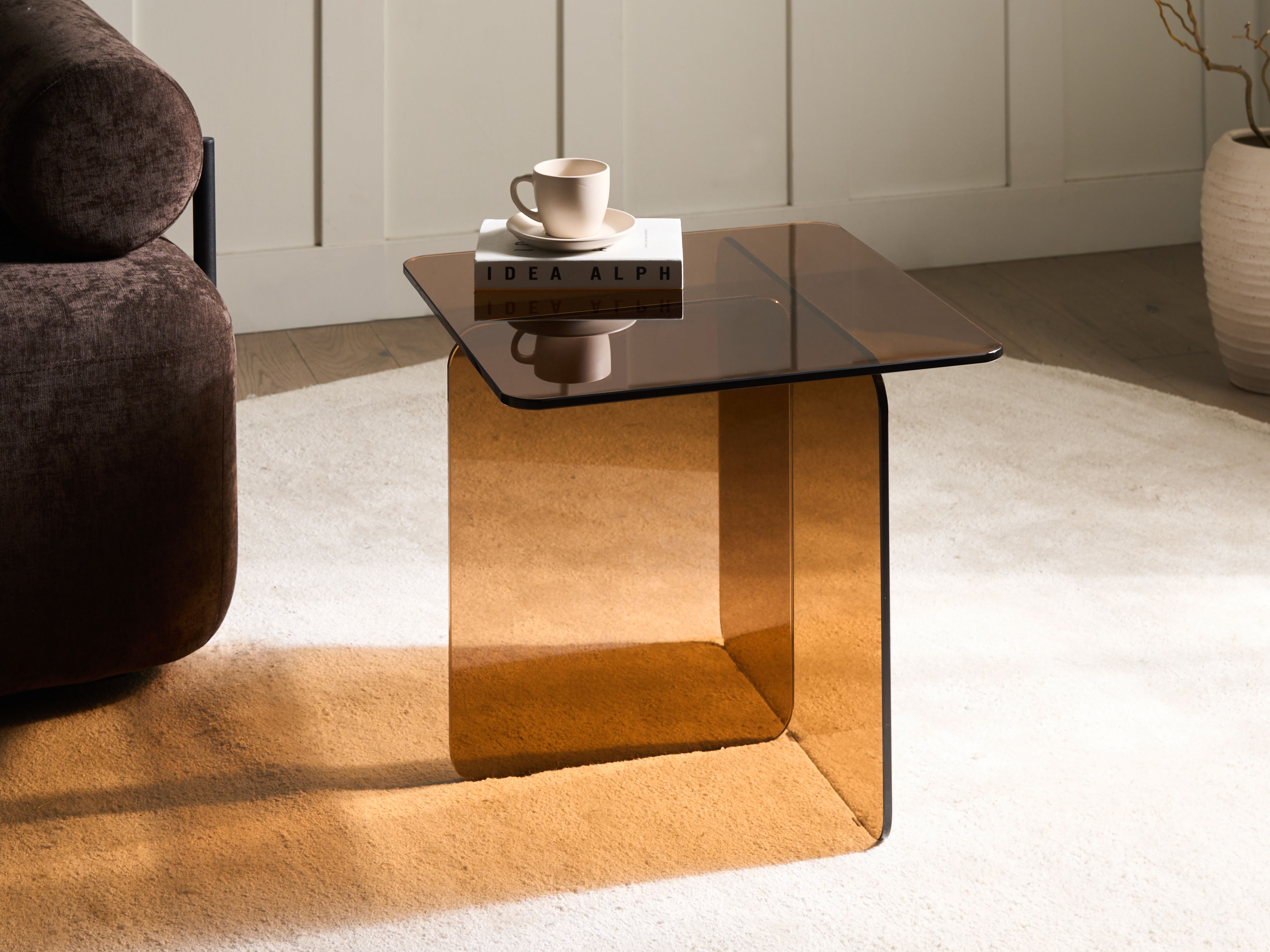 Side Table AMISK Tempered Glass Brown