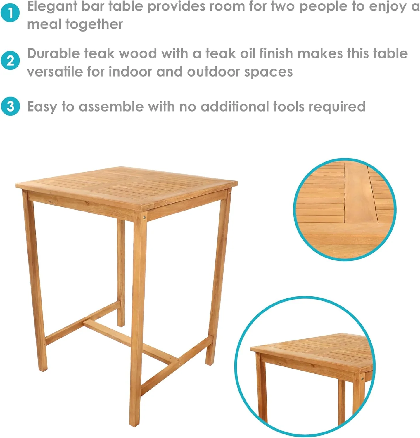 Sunnydaze Solid Teak Wood Square Patio Bar Table, 31.5in W x 31.5in D x 43.5in H - Image 4 Sunnydaze Solid Teak Wood Square Patio Bar Table, 31.5in W x 31.5in D x 43.5in H - Image 4
