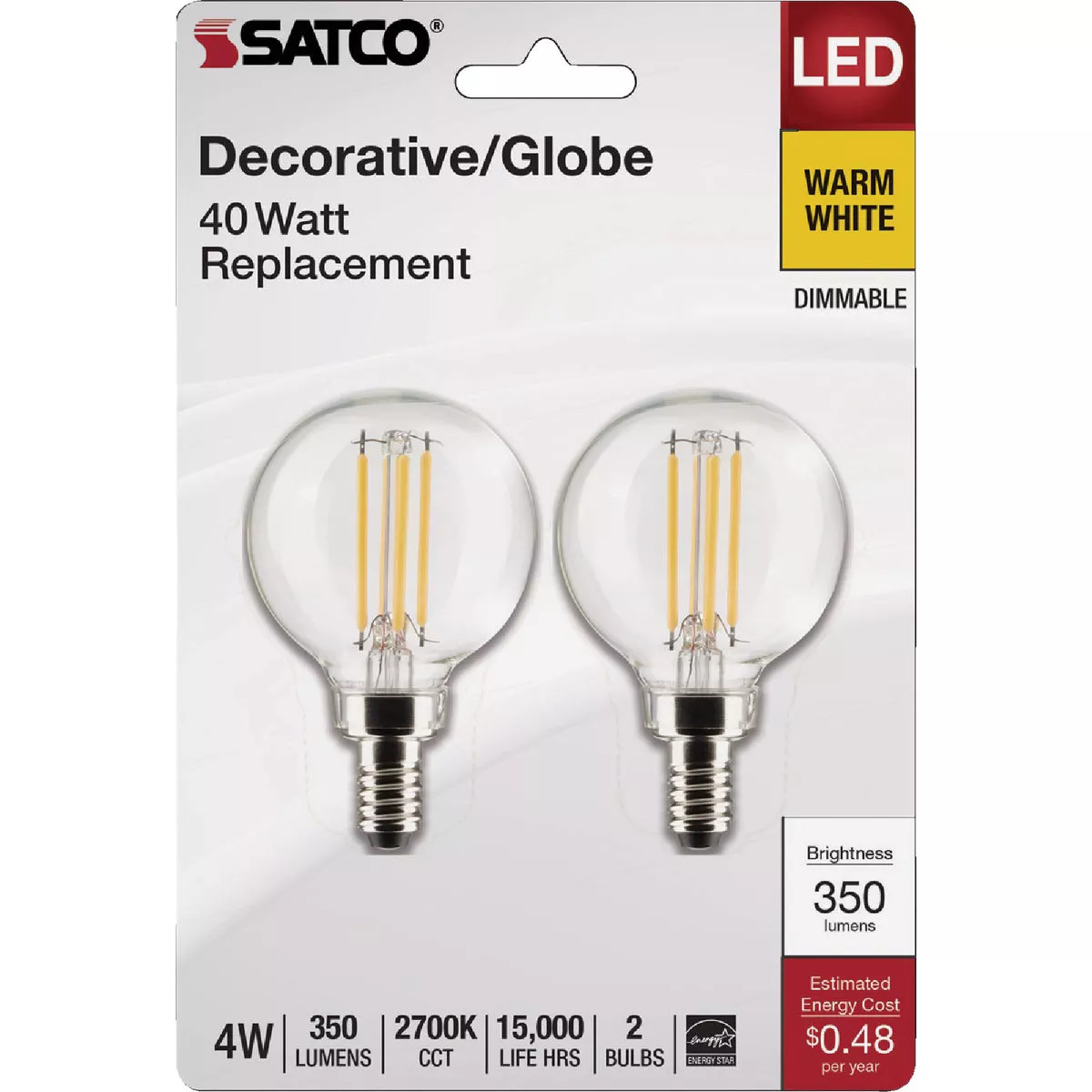 Satco 40W Equivalent Warm White G16.5 Candelabra LED Decorative Light Bulb (2-Pack)