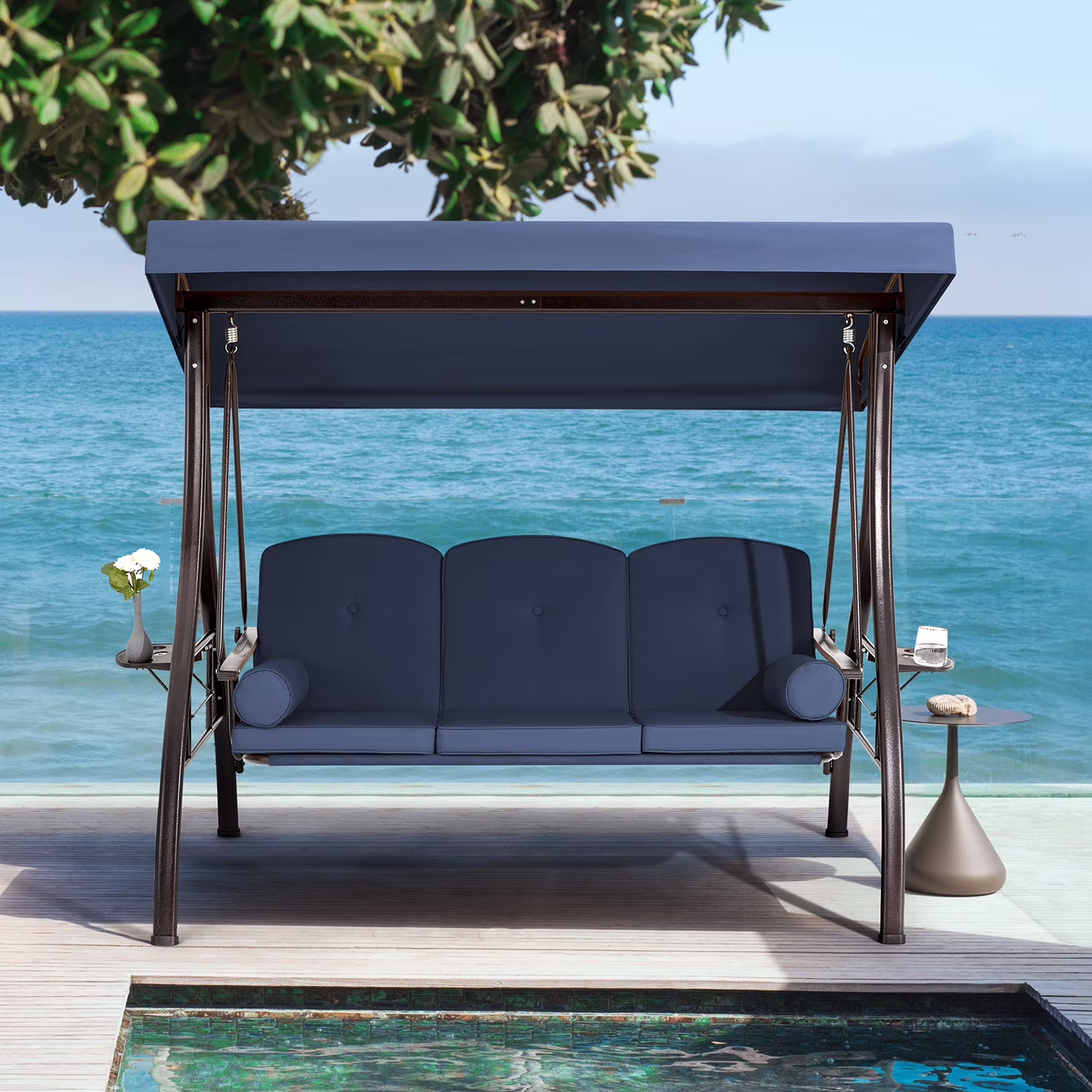 Homrest 3 Person Patio Outdoor Porch Swing with Adjustable Canopy, Backrest, Swing Bed with Stand for Garden,Deck - Image 7
