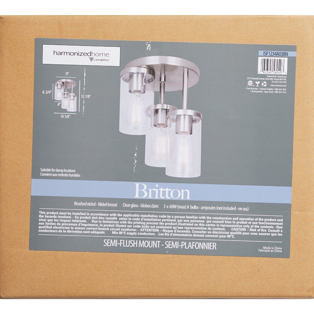 Canarm Britton 3-Light Brushed Nickel Semi-Flush Mount Ceiling Light Fixture