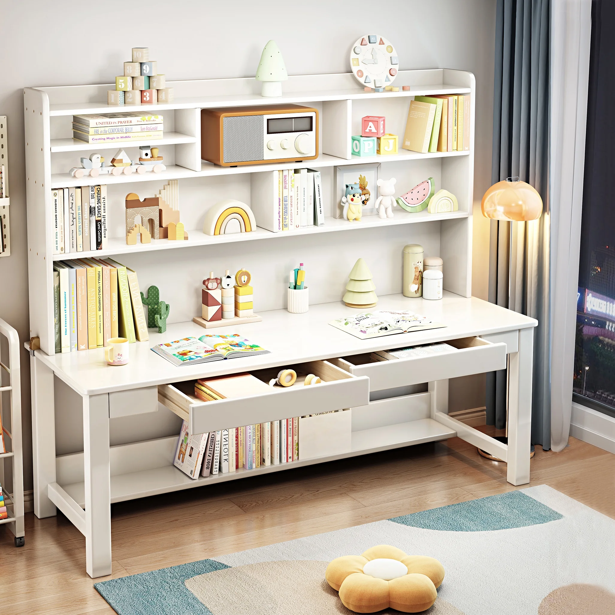 BALANBO Wooden Kids Desk Desk with Hutch for Children,Solid Wood Desk Two Positions Suitable for Two People, Suitable for Children's Study, Adult Home Office and Other Places(White)