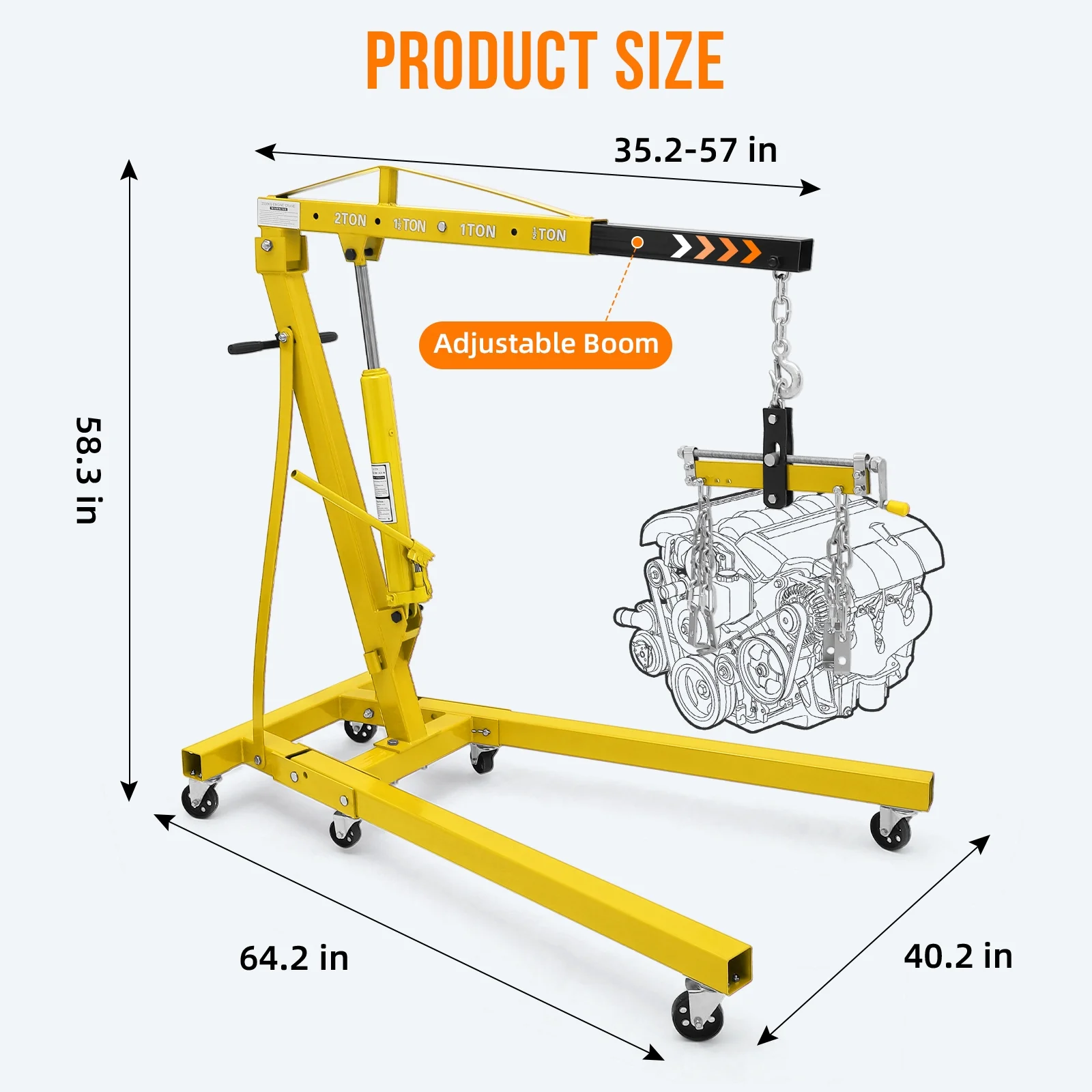 JoanKaren Hydraulic Engine Hoist,4400lbs Max Weight,Folding Engine Lift Shop Crane with Lever and 6 Steel Caster Wheels,Yellow - Image 6
