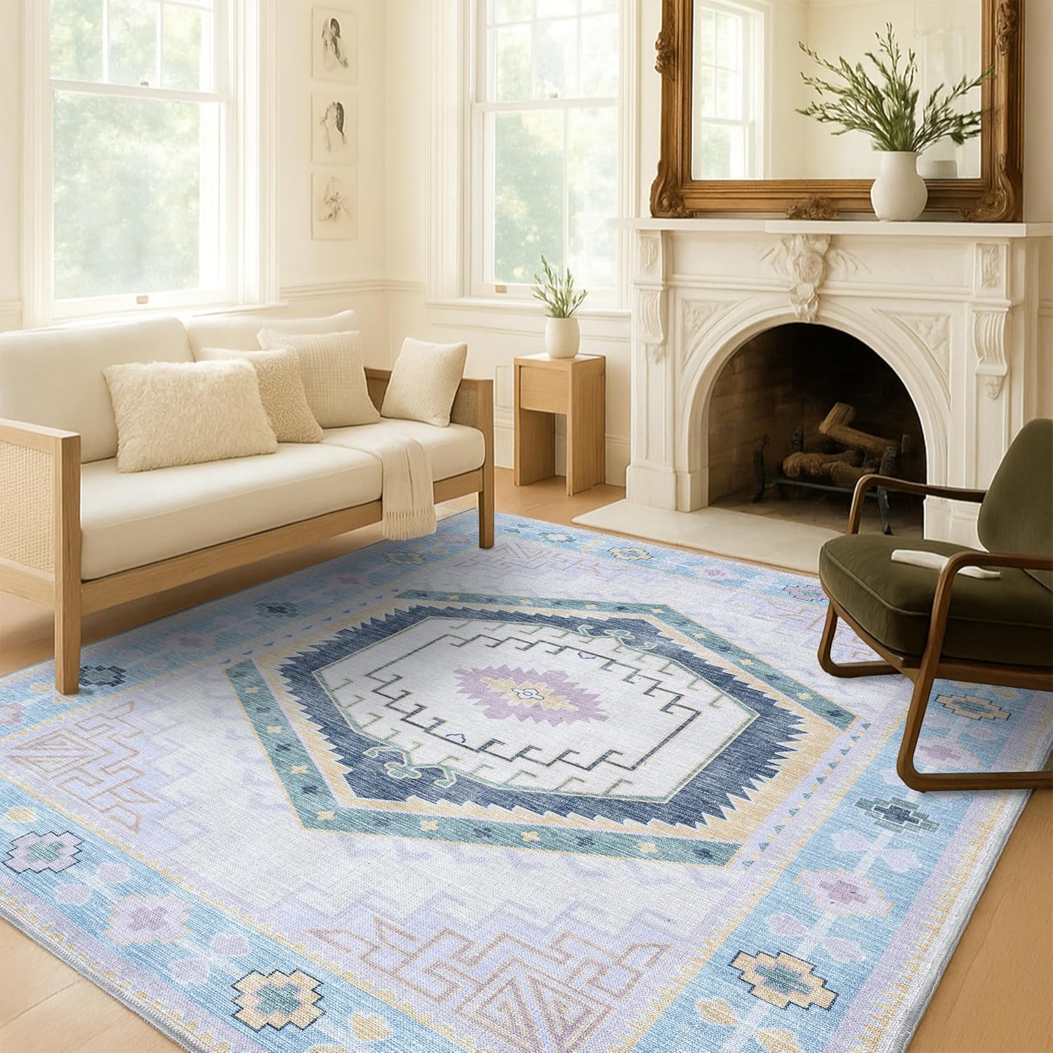 Fame Living Washable Area Rug. Modern Farmhouse. Vintage. Turkish. Bohemian. Distressed. Oriental. Traditional. Rugs for Living Room. Dining. Bedroom. Office. Entryway. Foyer. (856PBl, 9'5