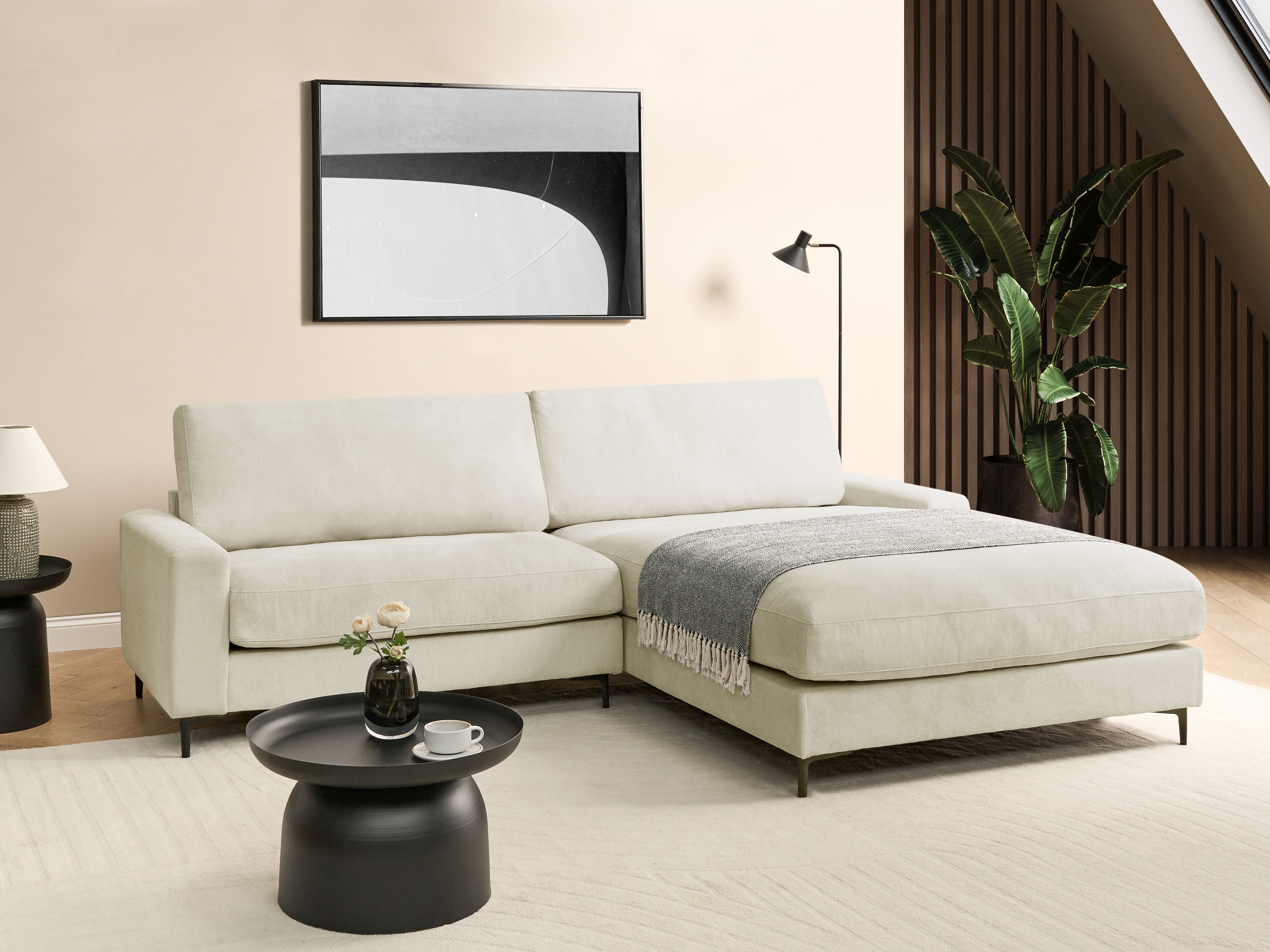 Corner Sofa 3 Seater MALOY Chenille Off-White Left Hand