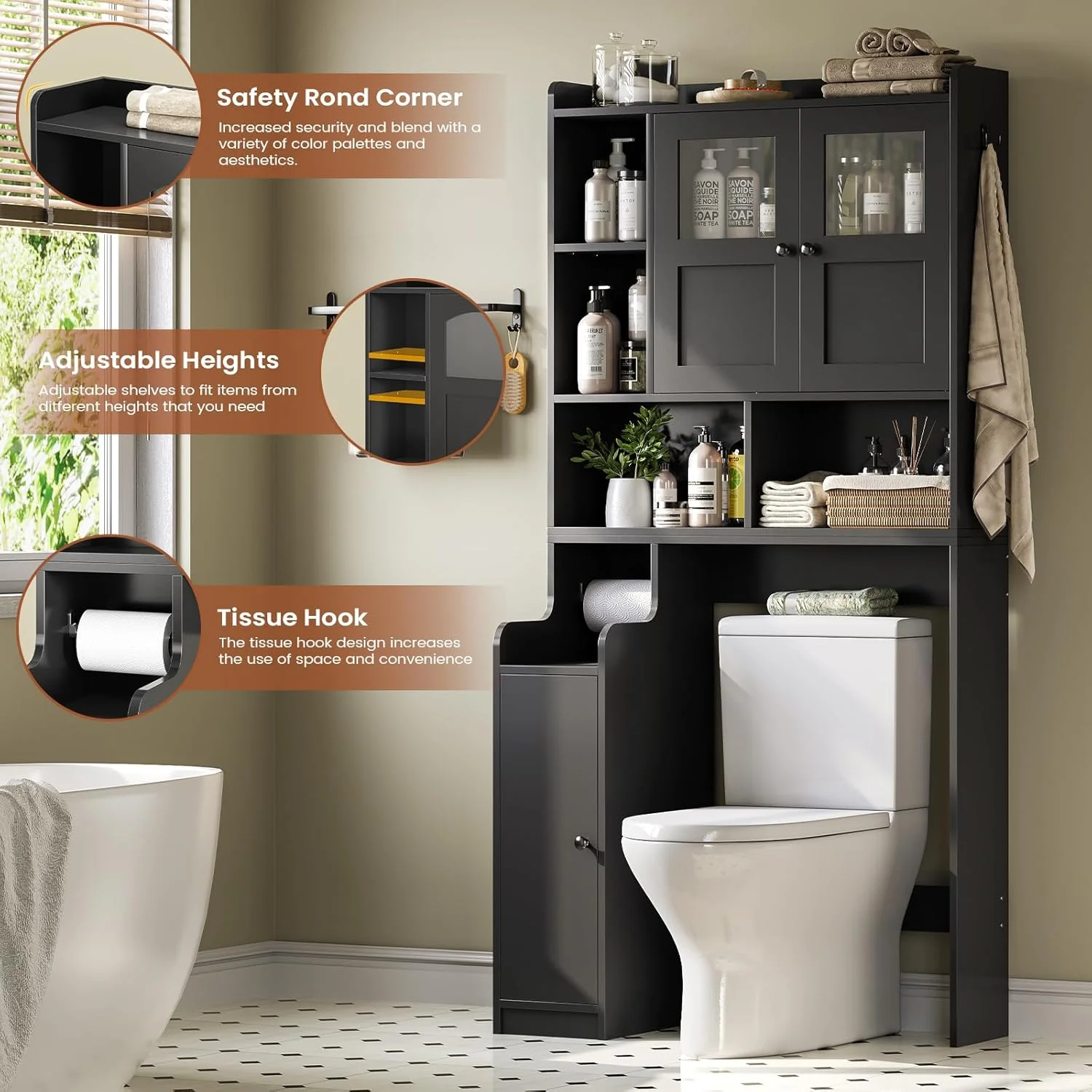 Over The Toilet Storage Cabinet with 3 Doors, Farmhouse Space Saver for Bathroom Organizer with Paper Holder, 10 Shelves and Hooks, 7-Tier Over Washing Machine Cabinet for Laundry, Bathroom, Natural - Image 36